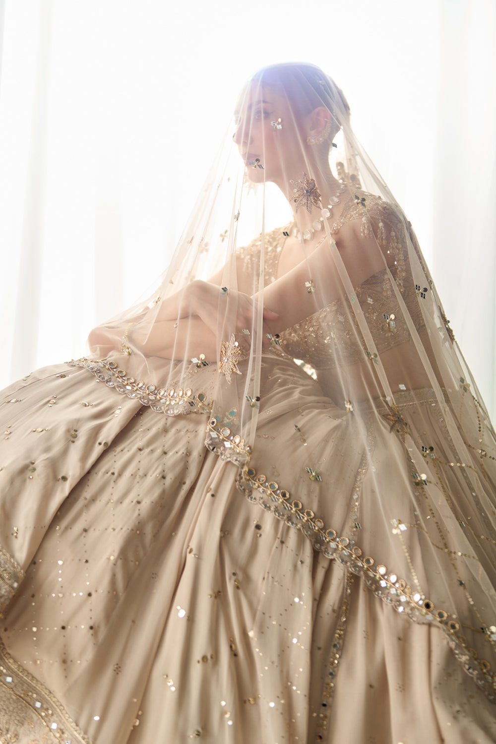 Beige Mukaish and Mirrorwork Lehenga Set