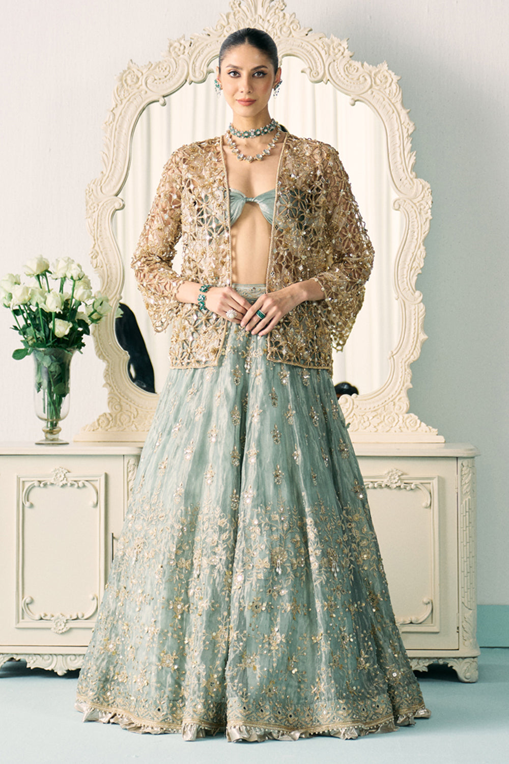 Aqua Tissue Lehenga With Jacket Set