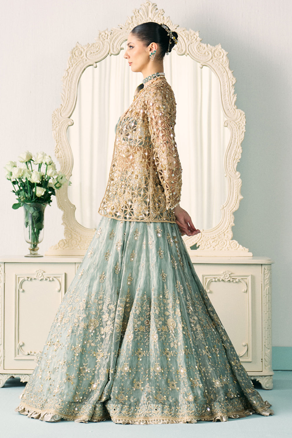 Aqua Tissue Lehenga With Jacket Set