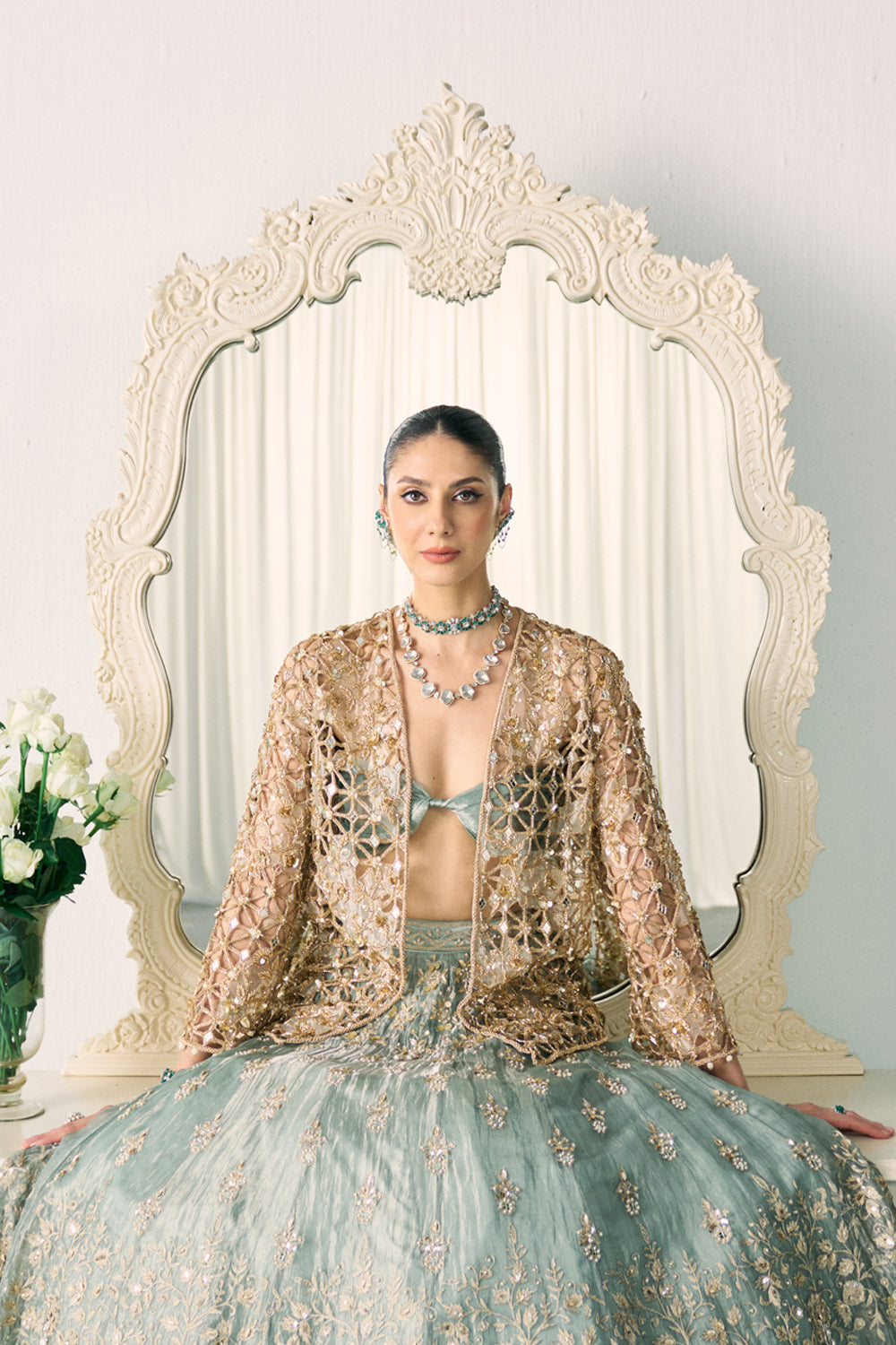 Aqua Tissue Lehenga With Jacket Set
