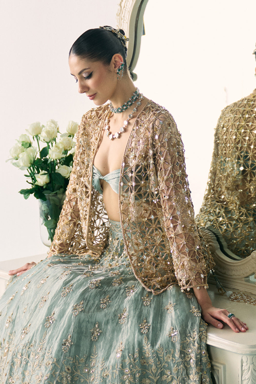 Aqua Tissue Lehenga With Jacket Set