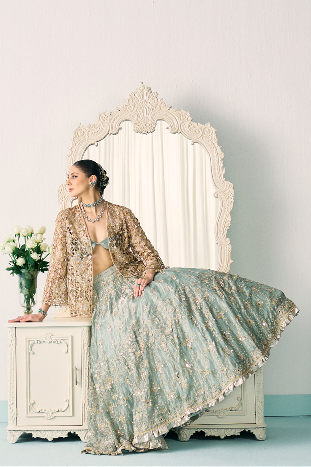 Aqua Tissue Lehenga With Jacket Set
