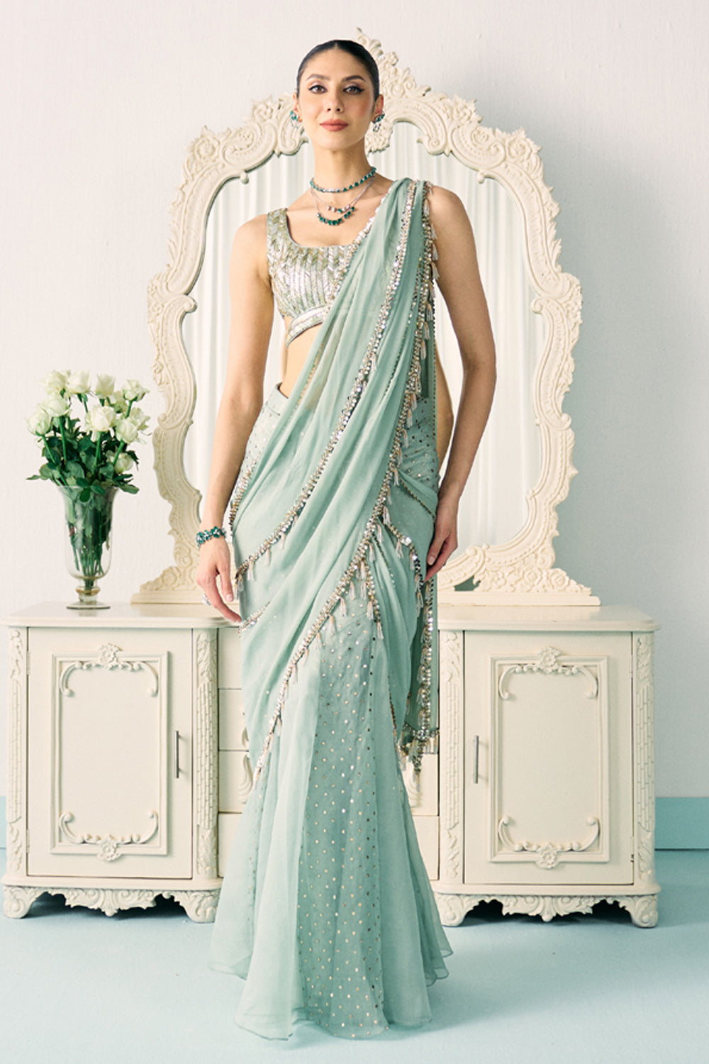 Aqua Mukaish Work Saree