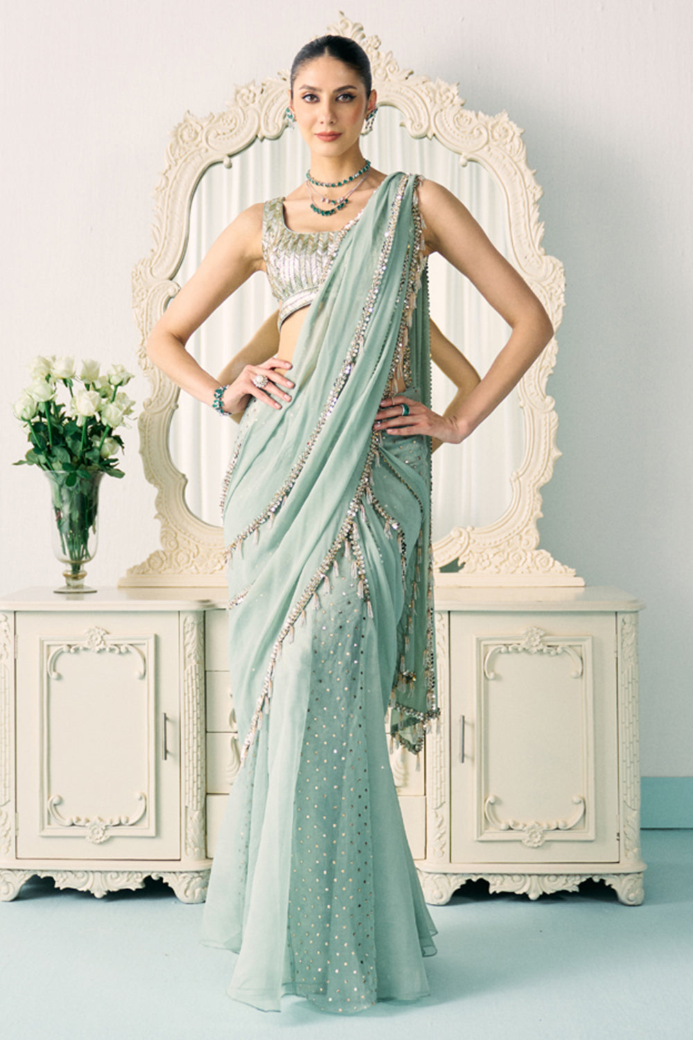 Aqua Mukaish Work Saree
