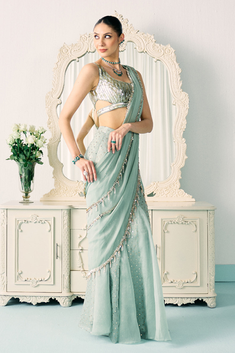 Aqua Mukaish Work Saree