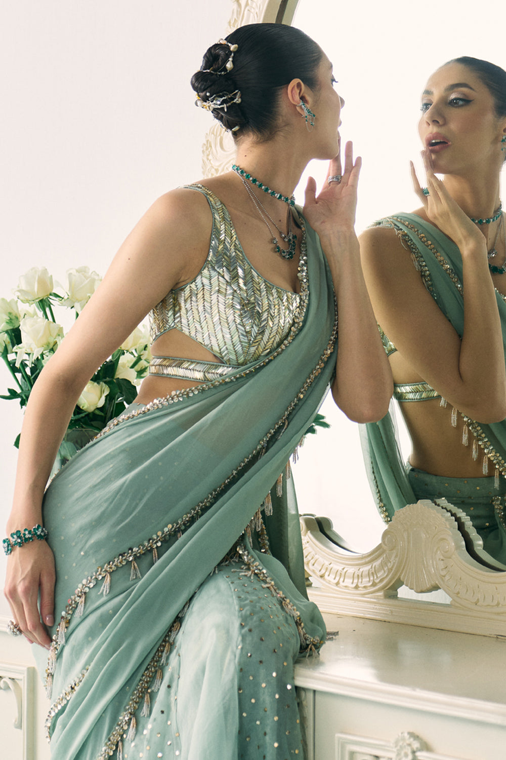 Aqua Mukaish Work Saree