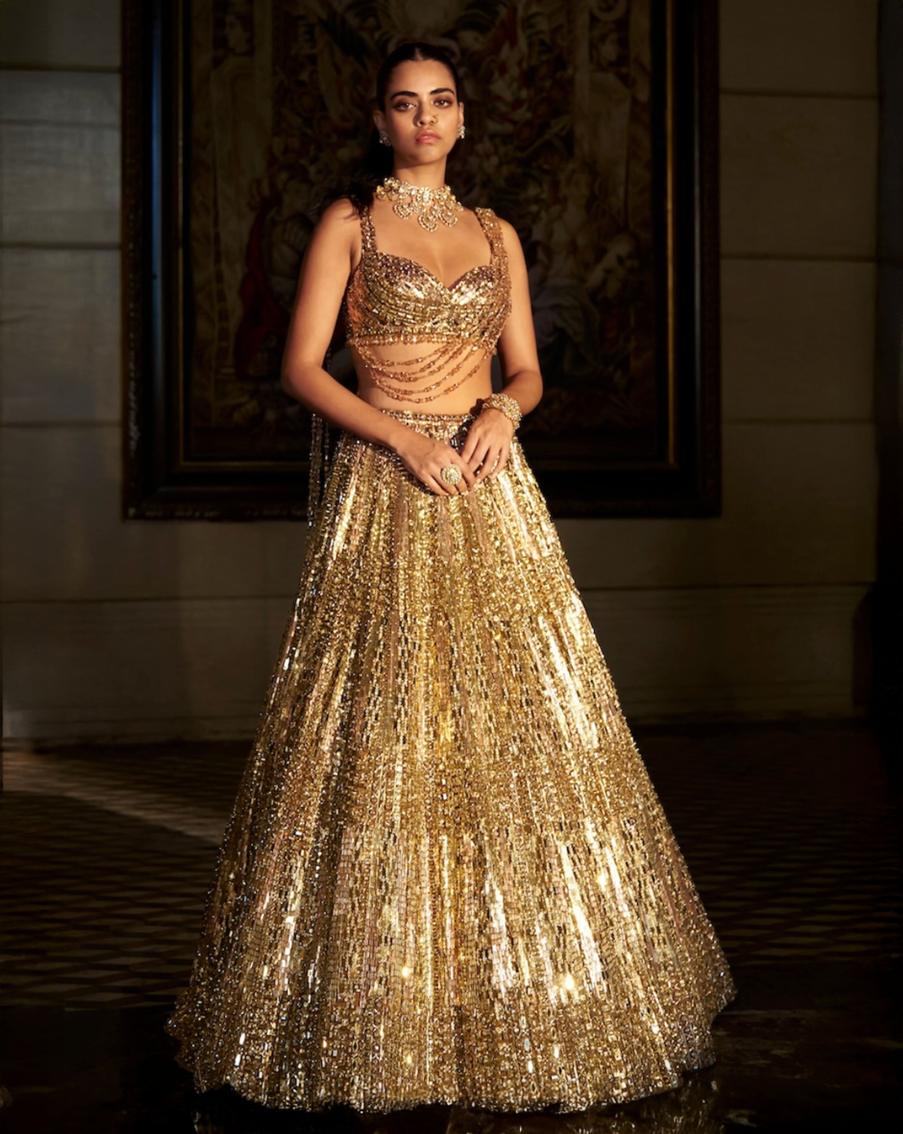 Gold Crystal Lehenga Set