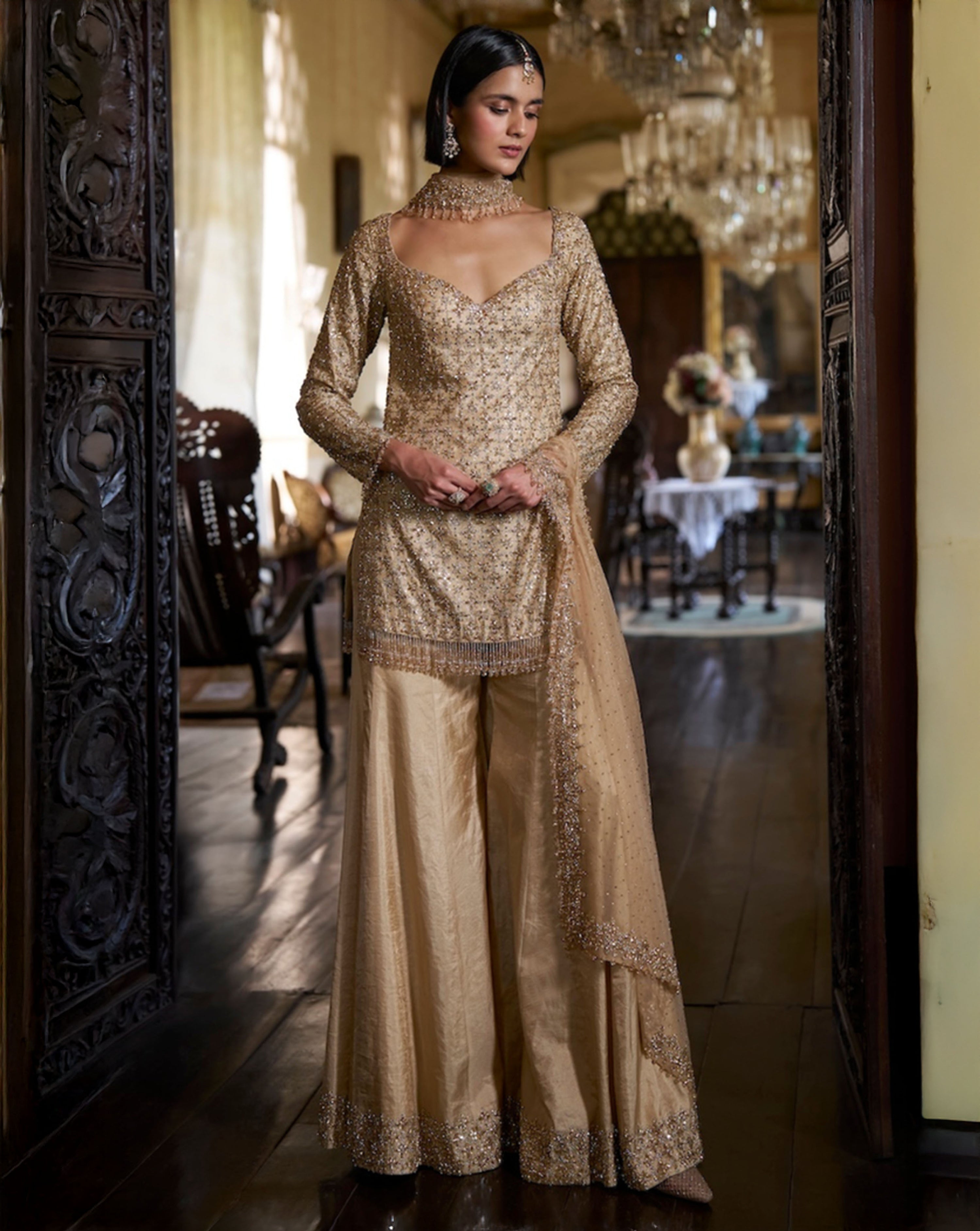 Gold Crystal Sharara Set
