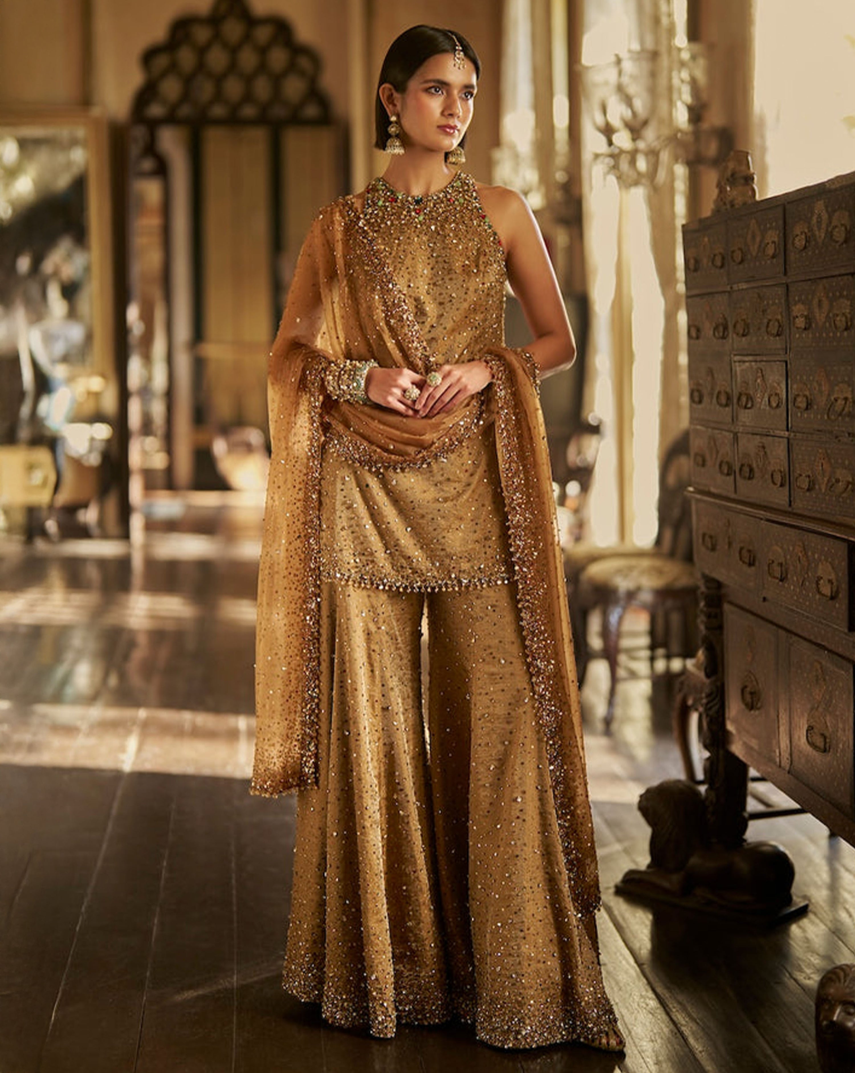 Gold Jewelled Sharara Set