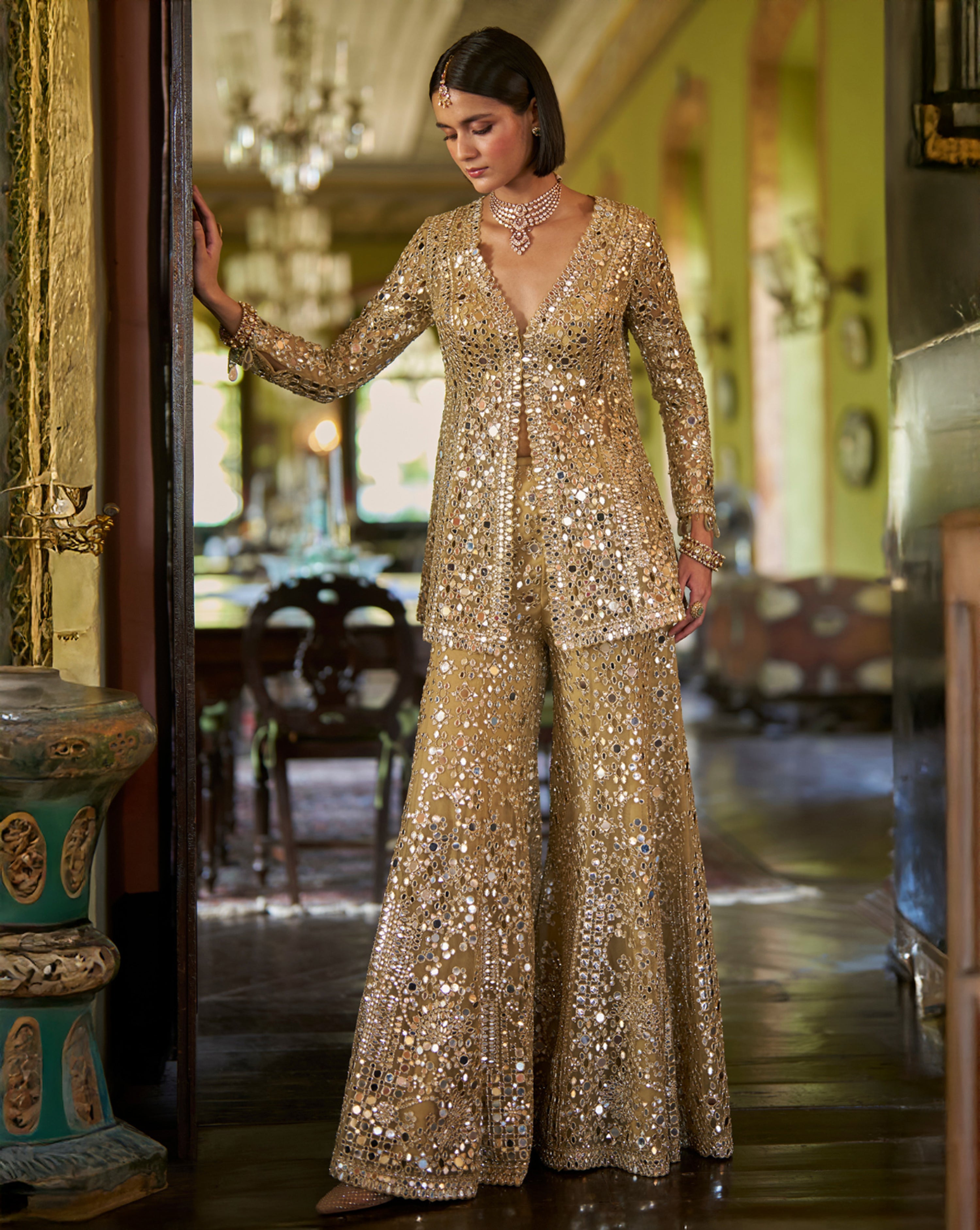 Gold Mirror Work Sharara Set