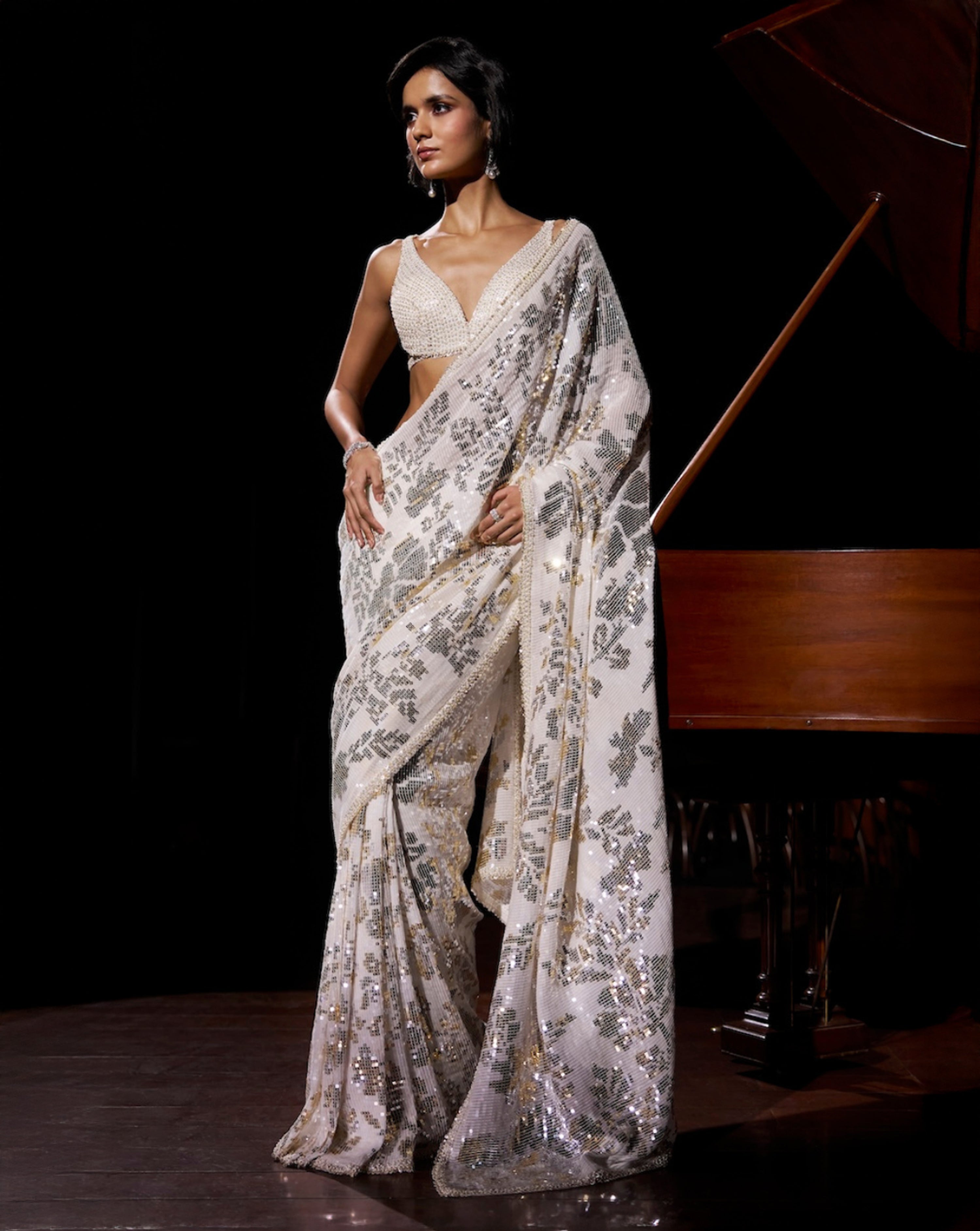 Gold Silver Sequin Georgette Saree