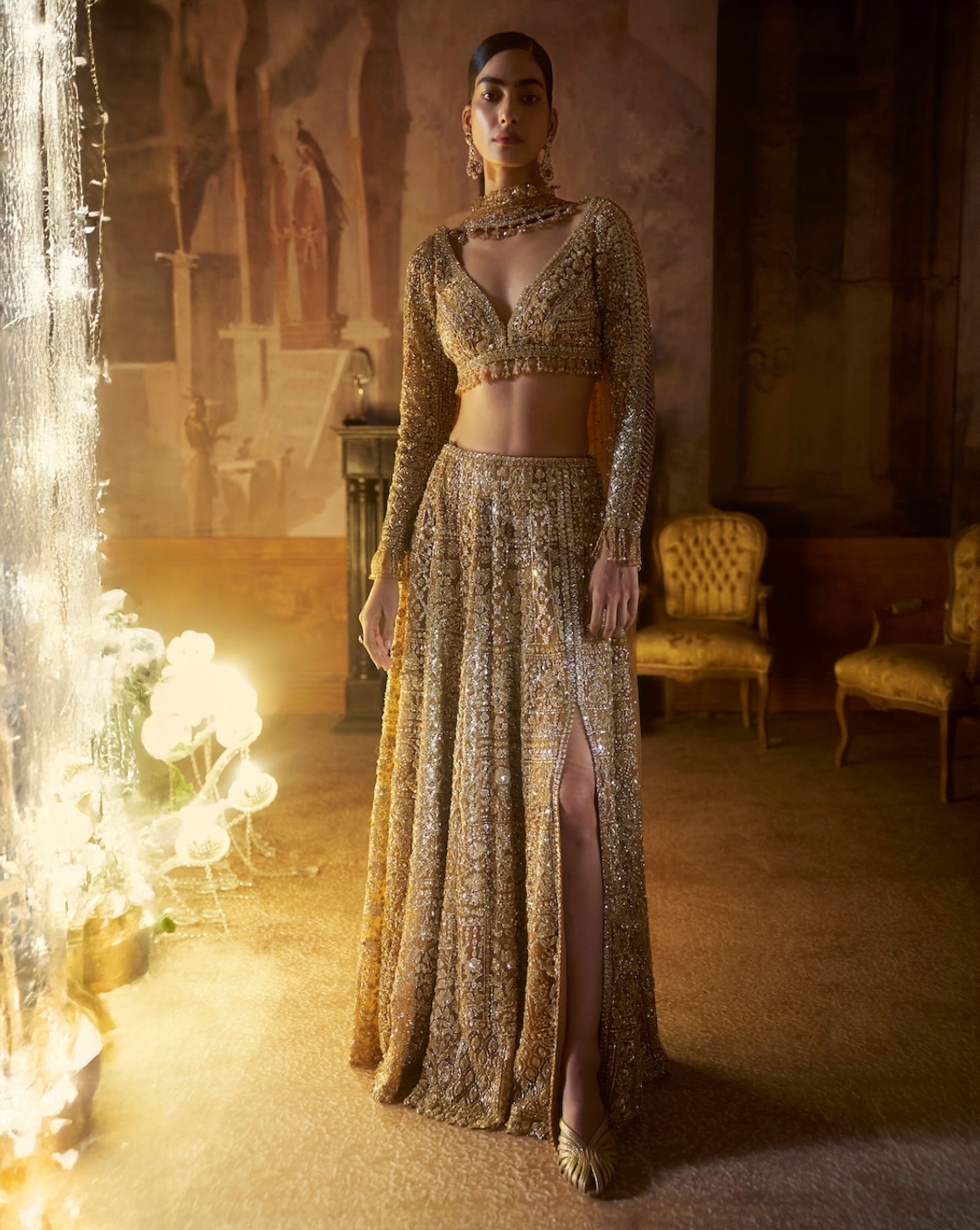 Gold Slit Skirt Set