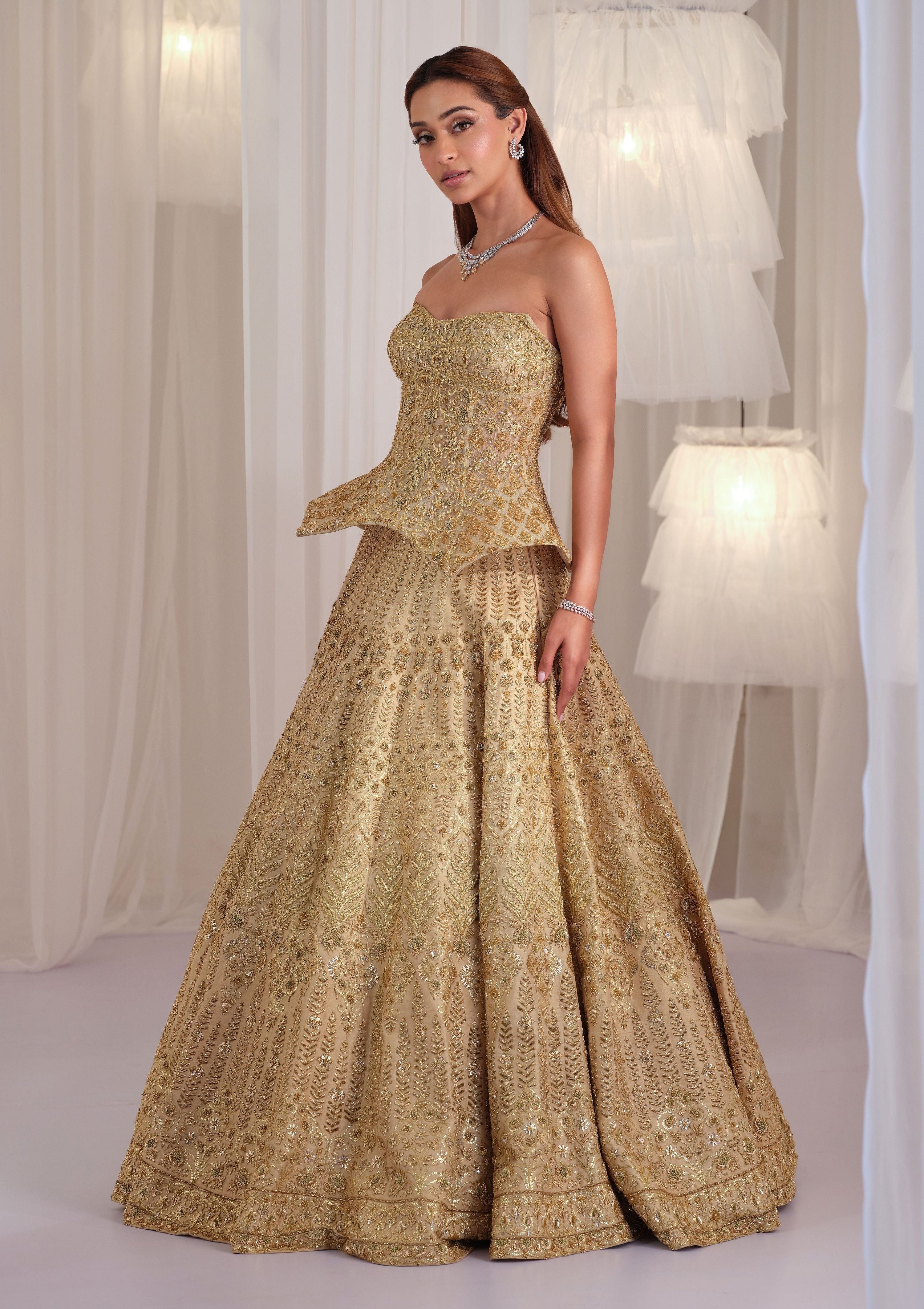 Gold Hand Embellished Sculpted Corset With Raw Silk Lehenga & Dupatta