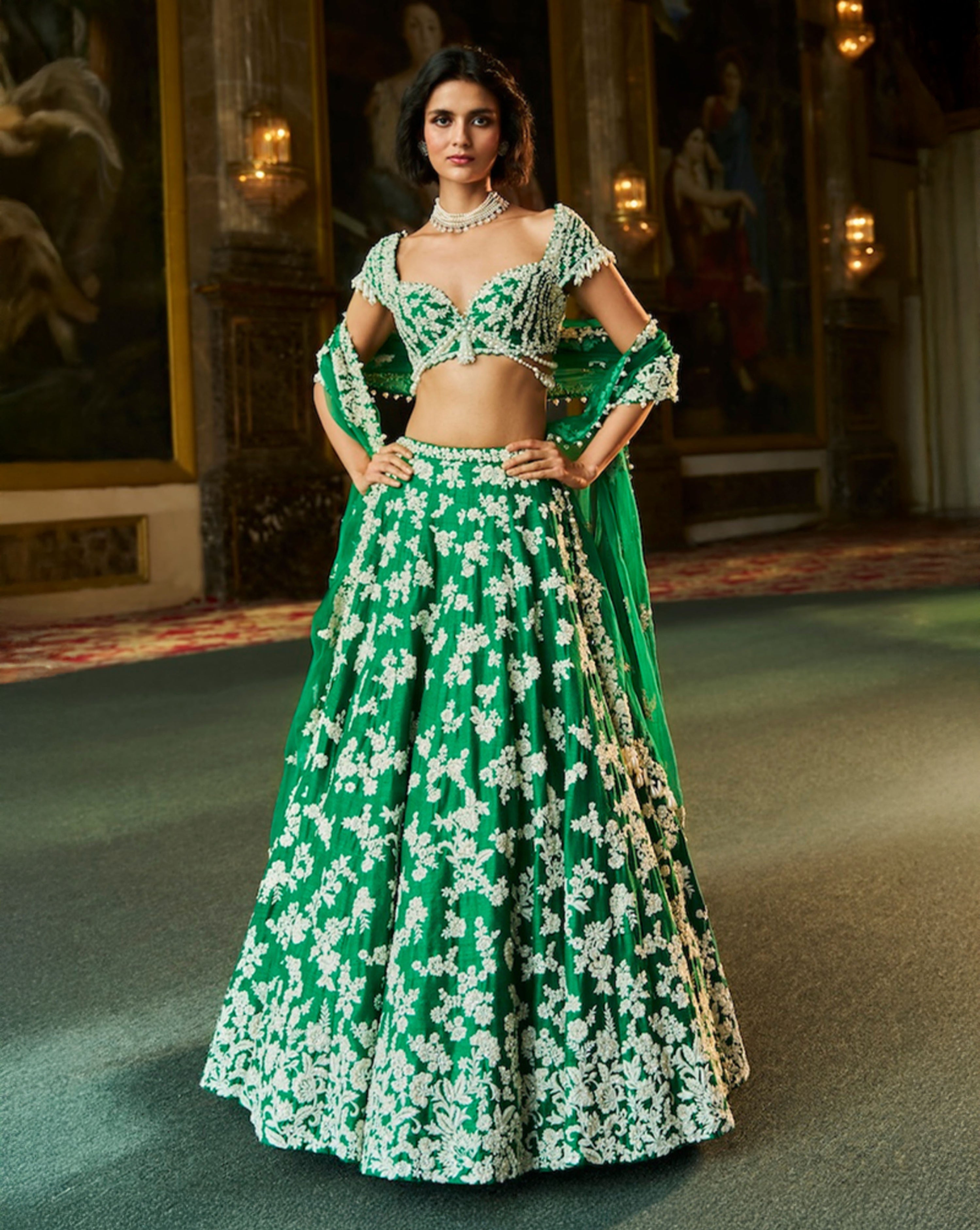 Green Thread Work Lehenga Set