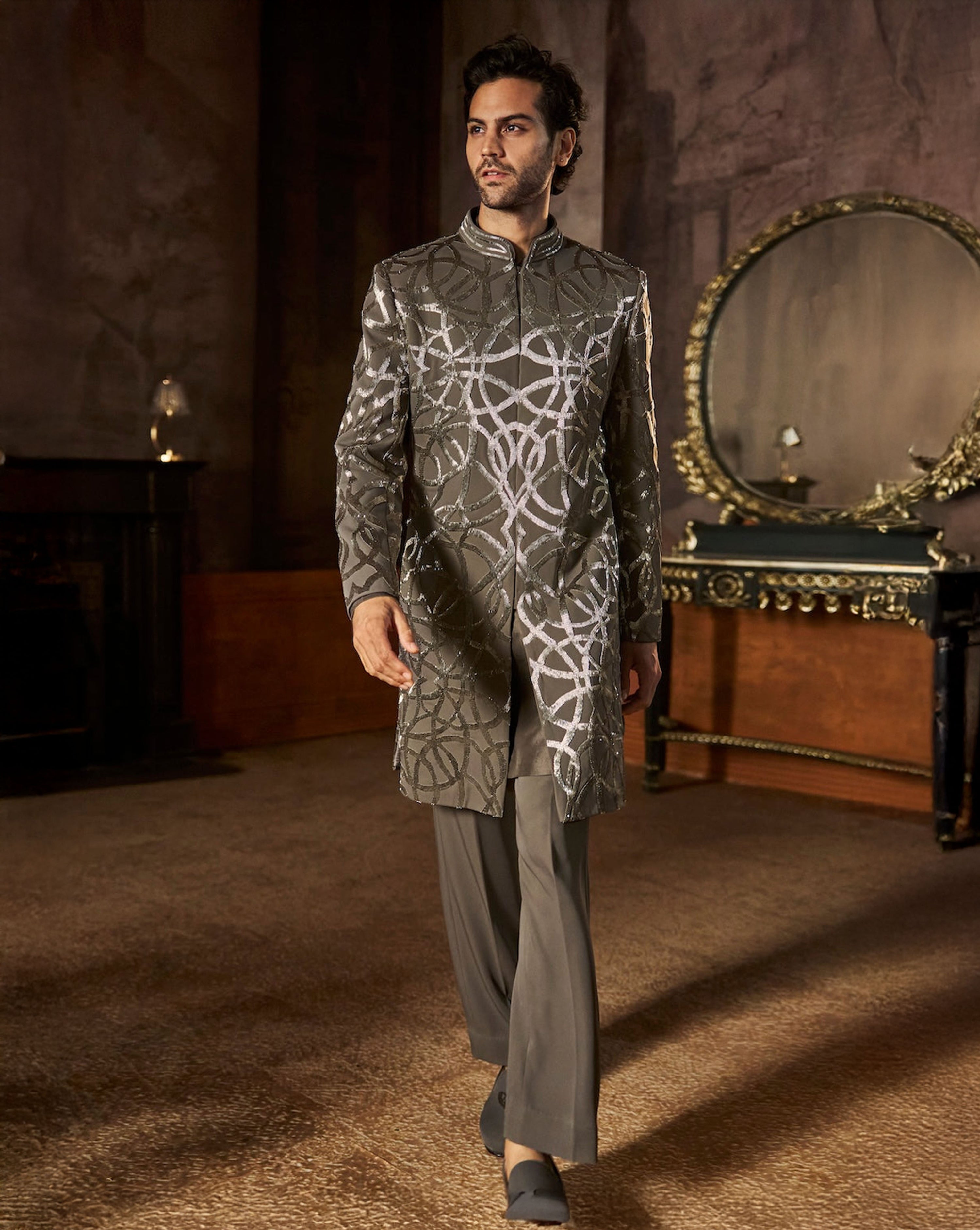 Grey Metallic Sherwani Set