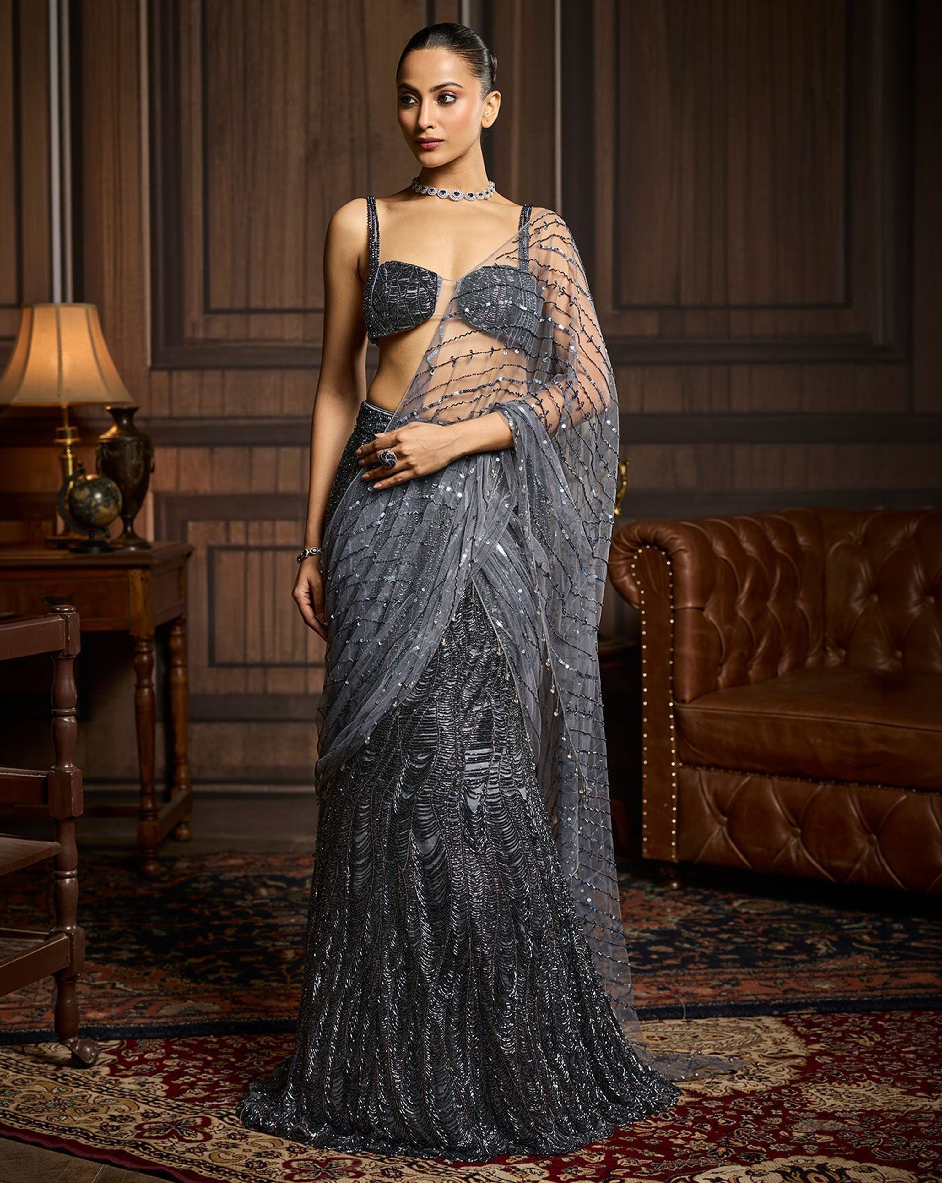 Gunmetal Embellished Pre-Draped Skirt Saree Set
