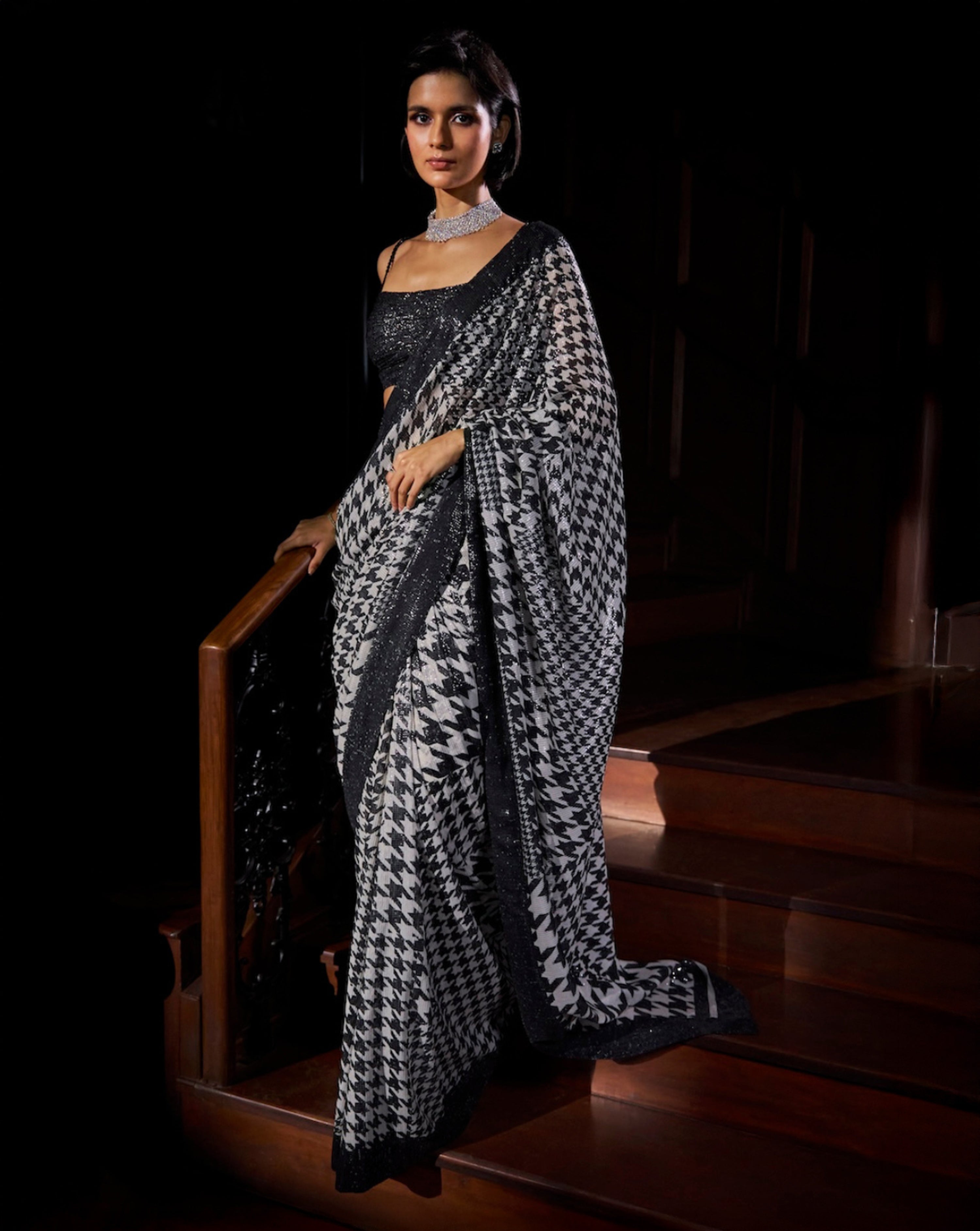 Hounds-Tooth Sequin Georgette Saree