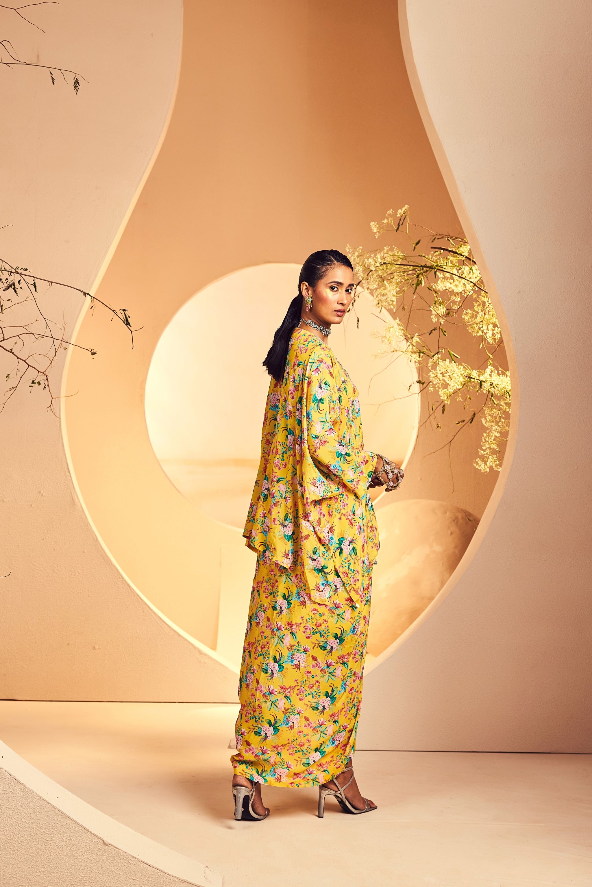 Yellow Big Floral Poncho Dhoti