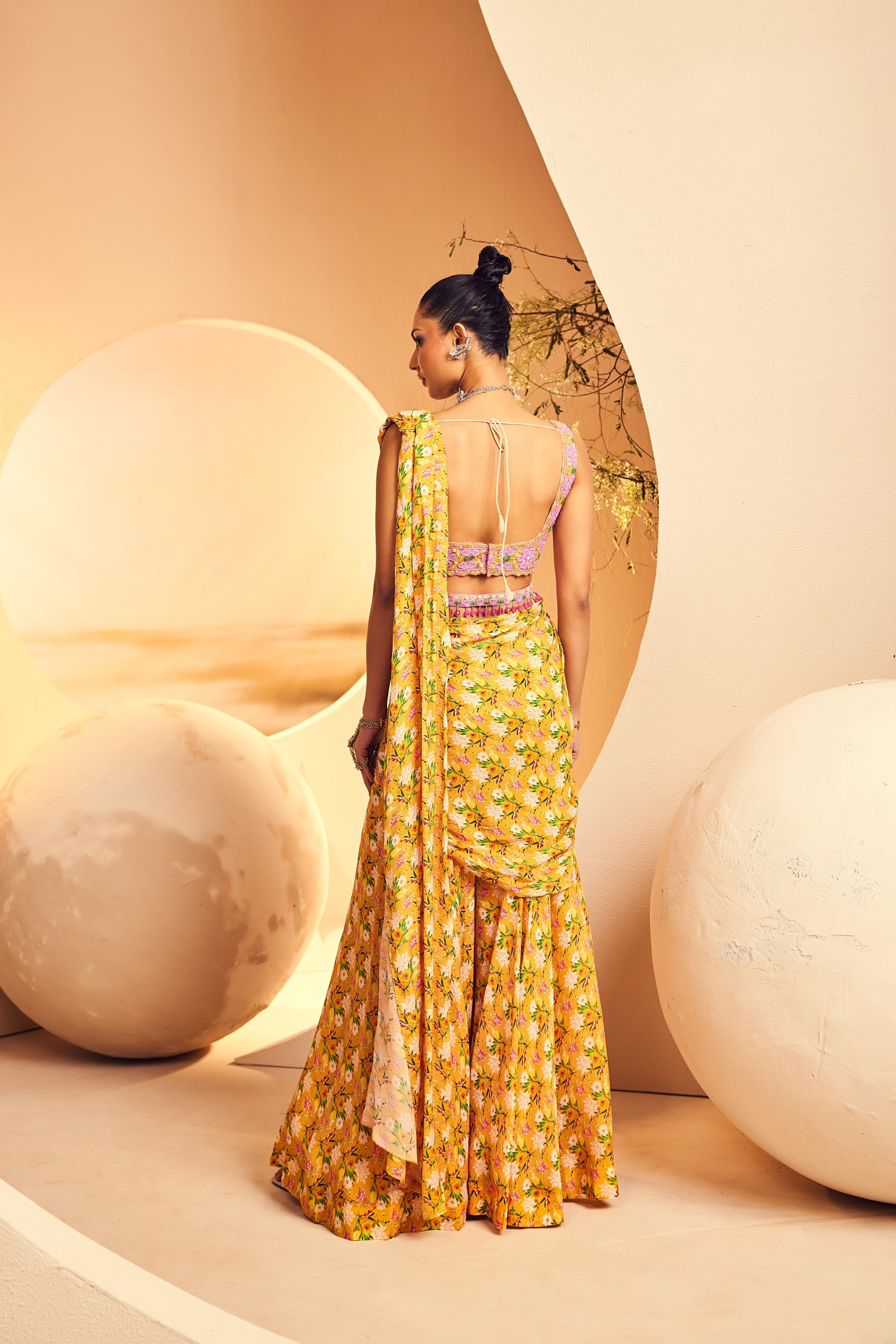 Yellow Motif Sharara Saree