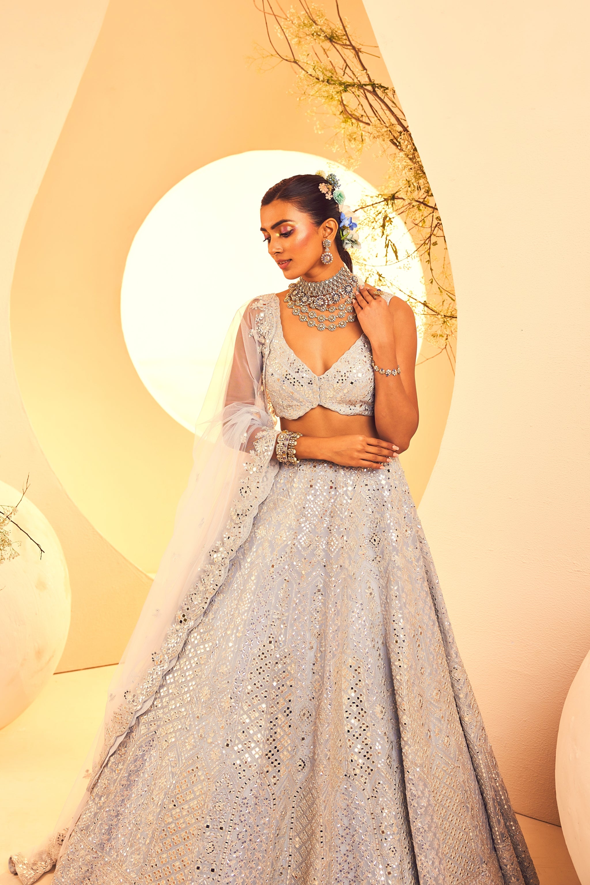 Sky Blue Mirror Lehenga