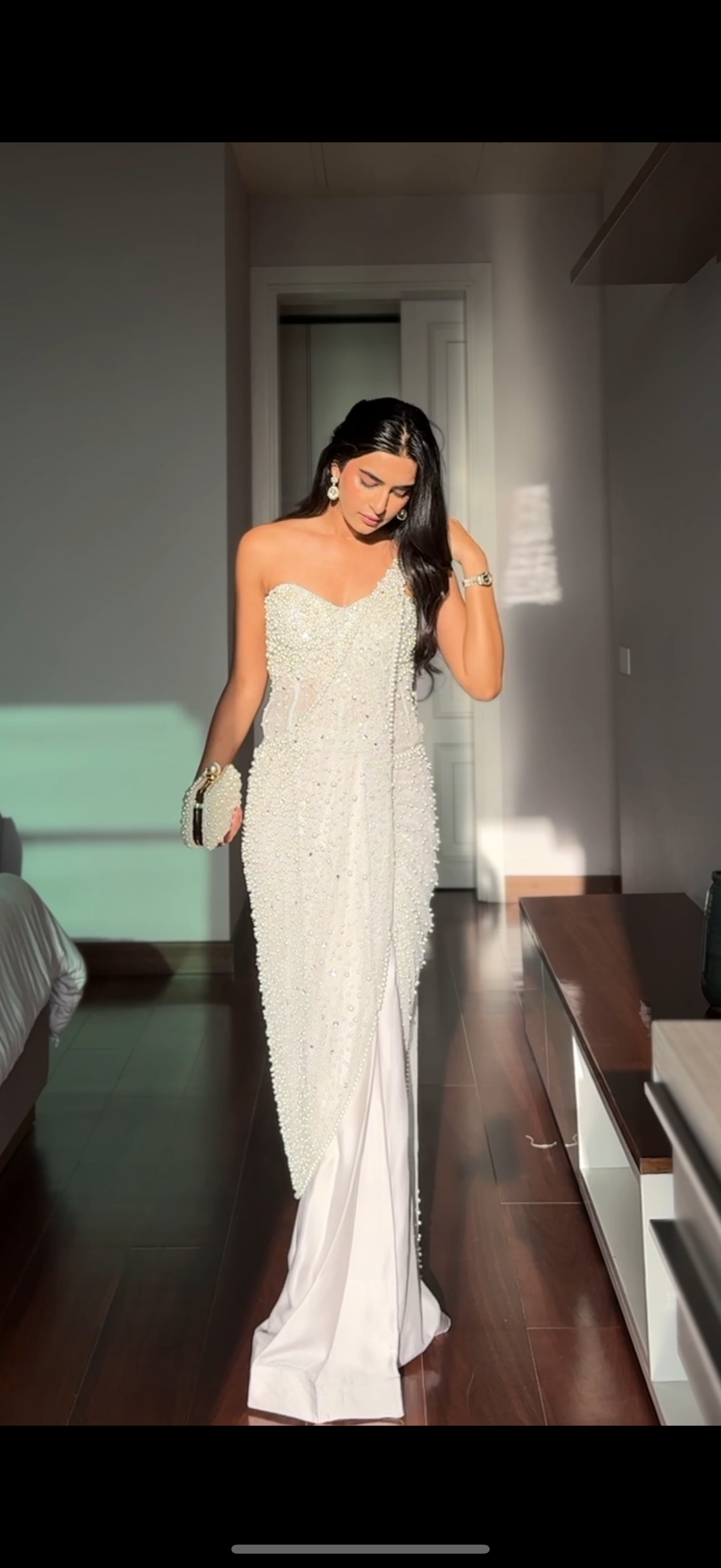 Bhavdeep Kaur In Pearl Corset & Pearl Sari