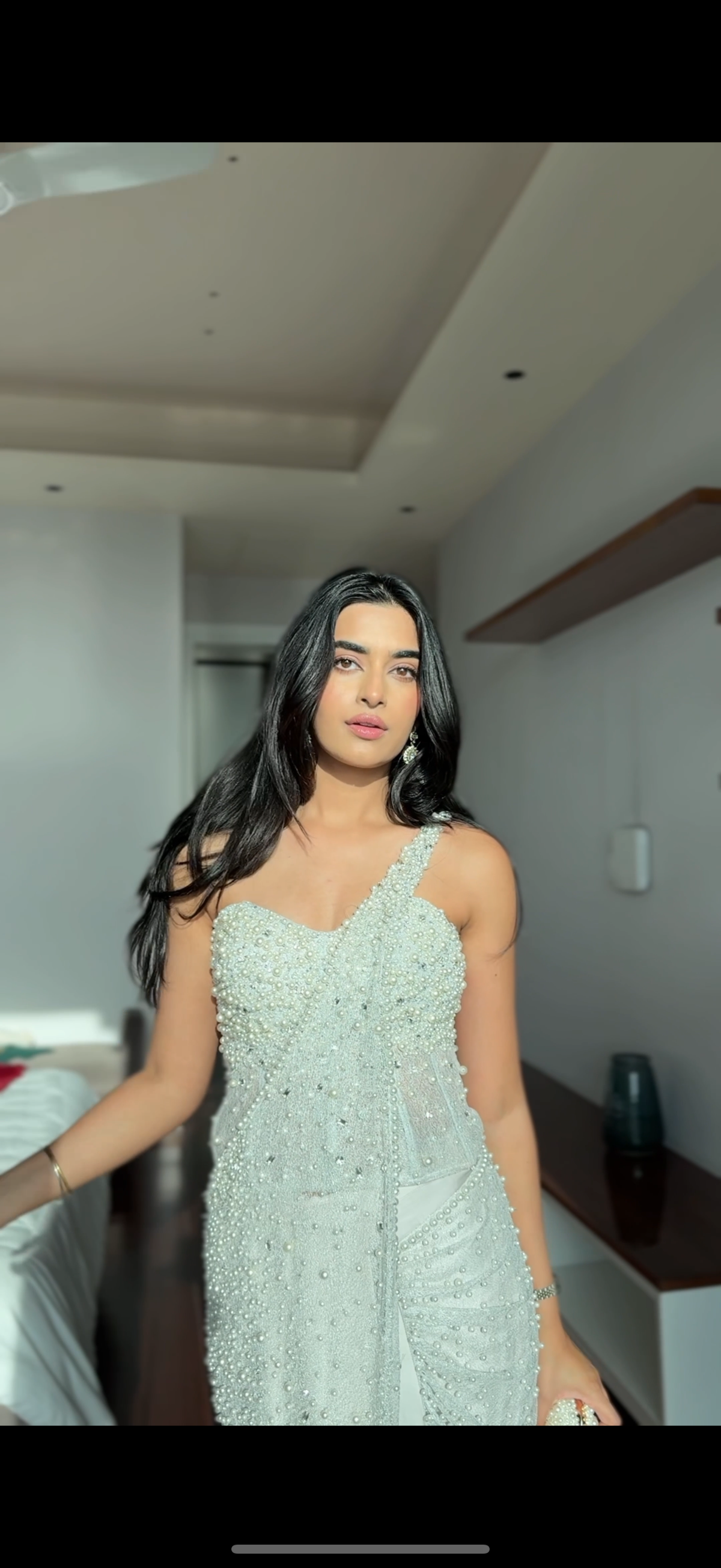 Bhavdeep Kaur In Pearl Corset & Pearl Sari