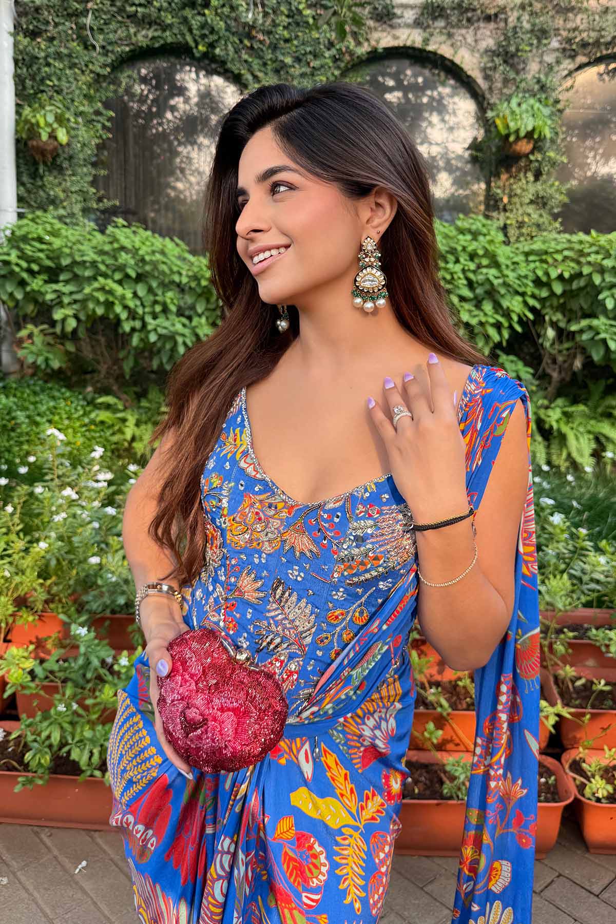 Prerna Mehra In Electric Blue Printed And Highlighted Corset Dhoti Skirt Saree Set