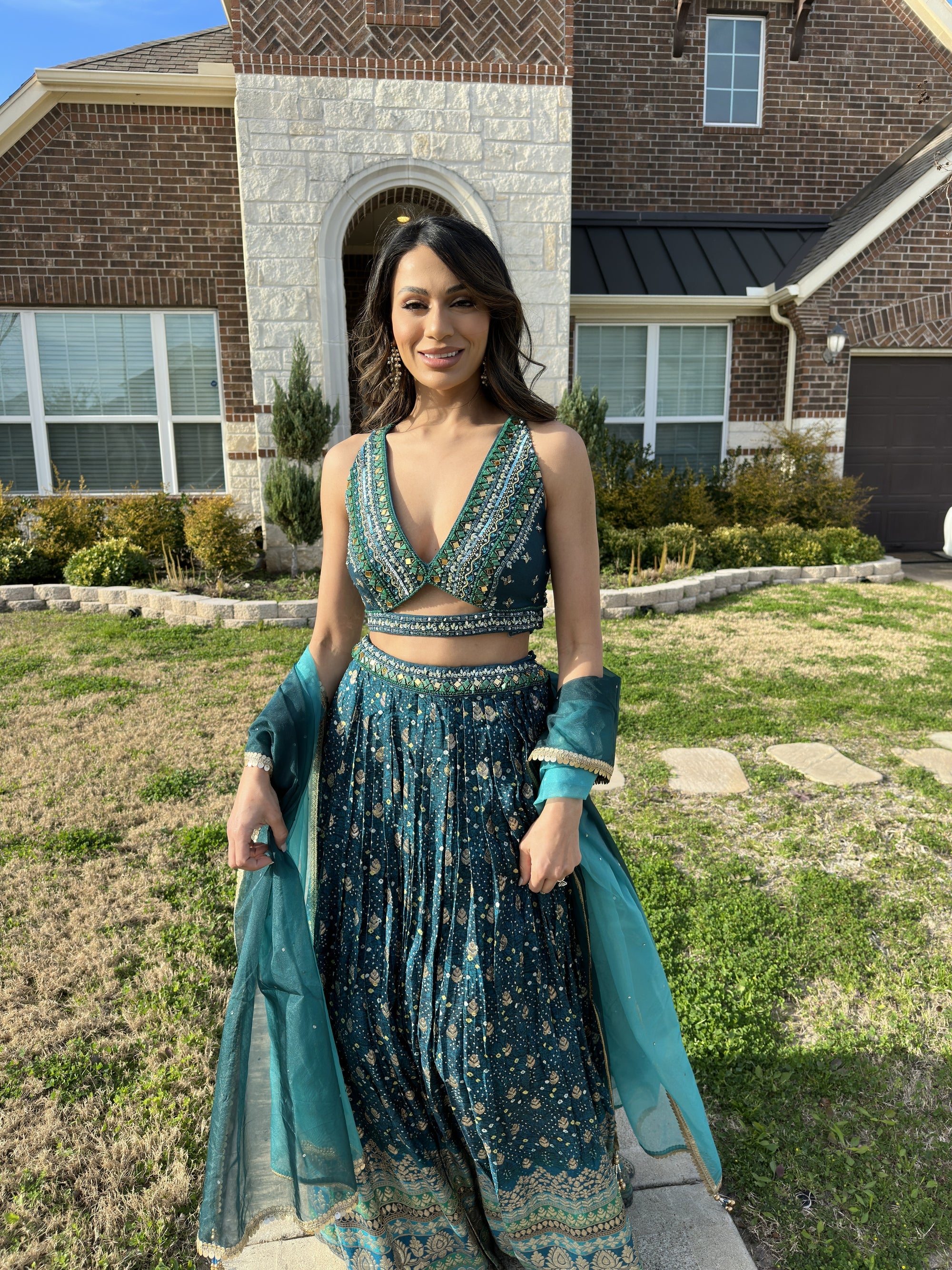 Green Printed Lehenga