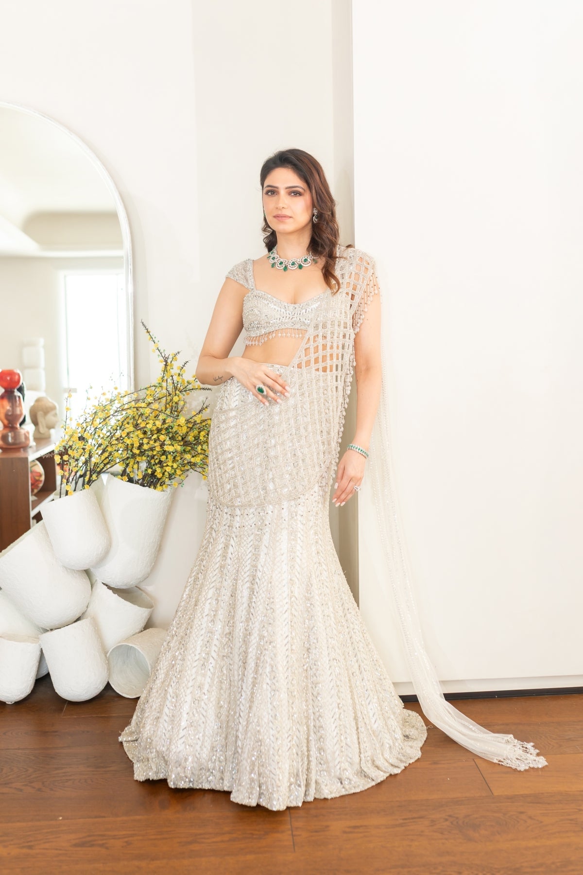 Richa Begani In Silver Embellished Mermaid Skirt Saree Set