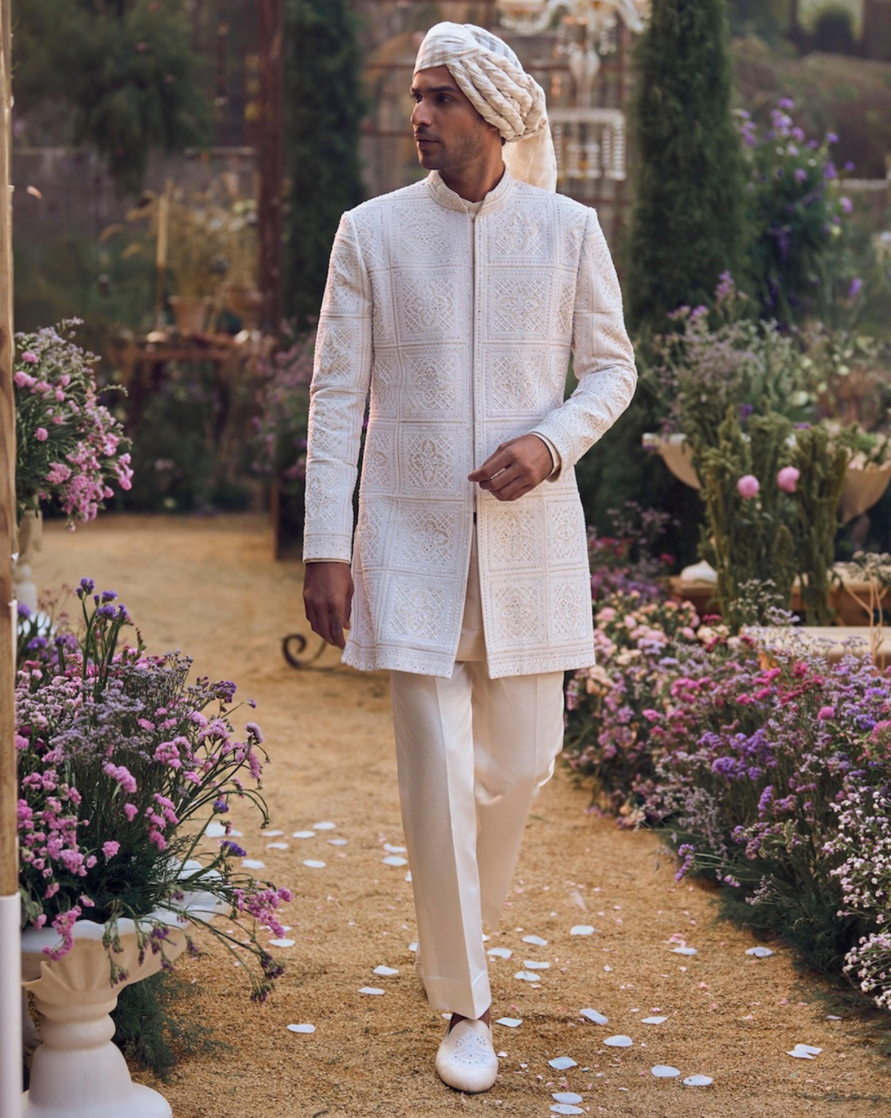 Ivory Geometric Sherwani Set