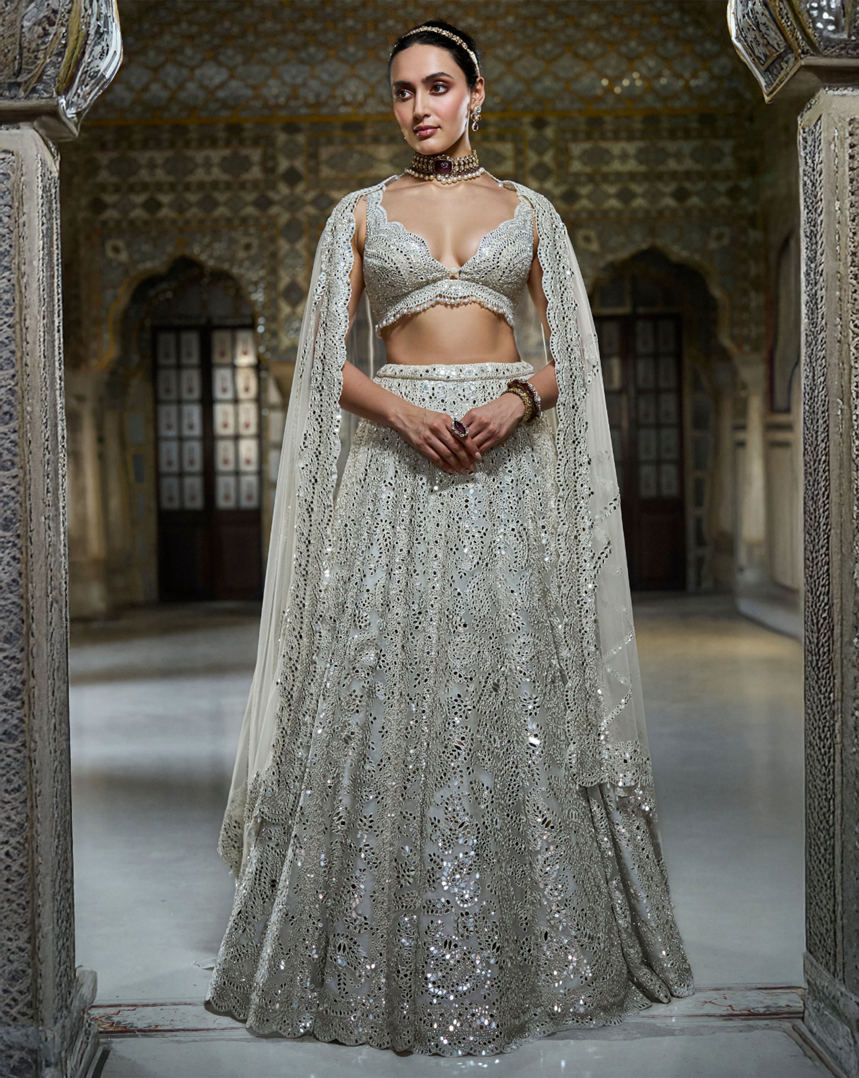 Ivory Mirror Work Lehenga Set