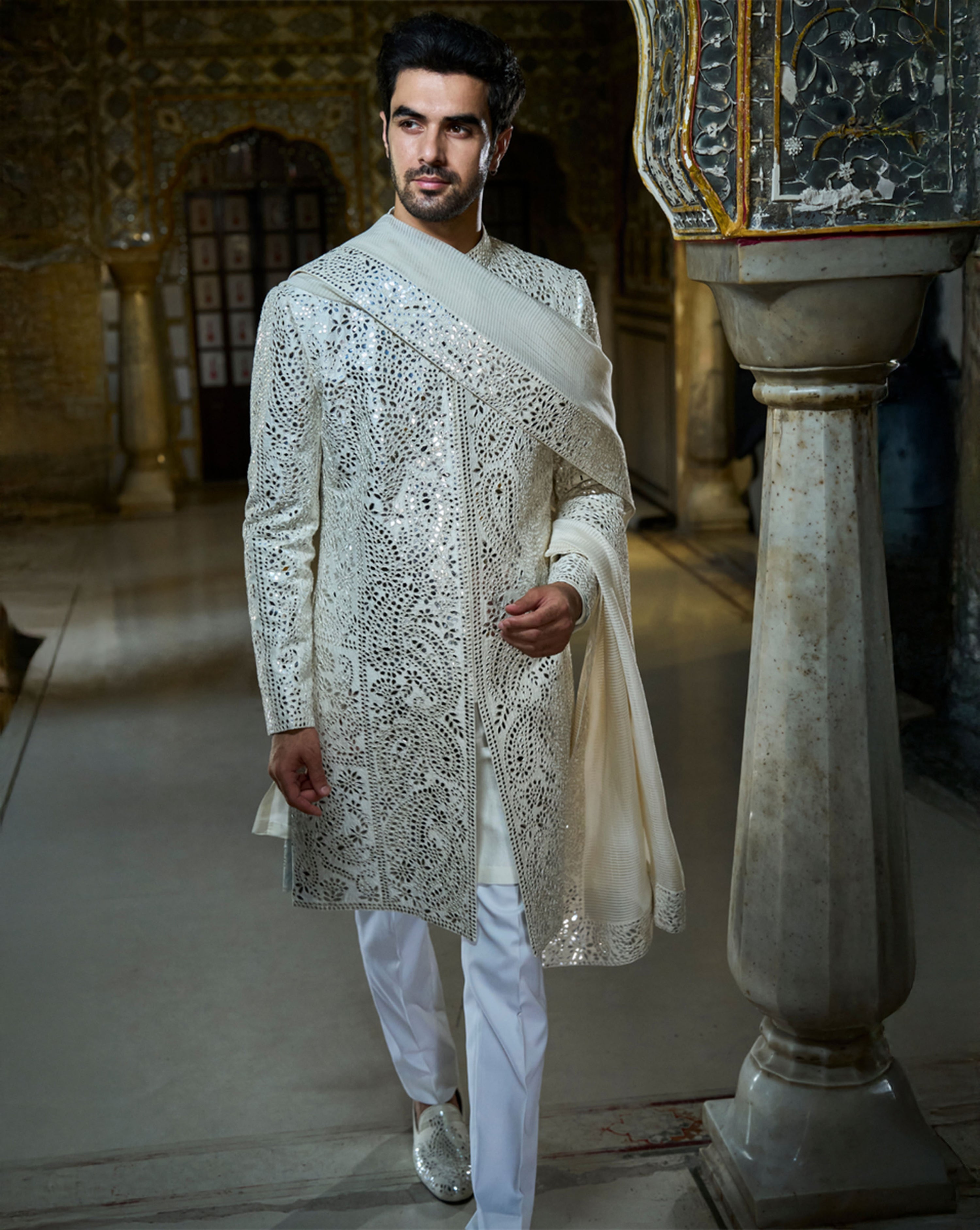 Ivory Mirror Work Sherwani Set