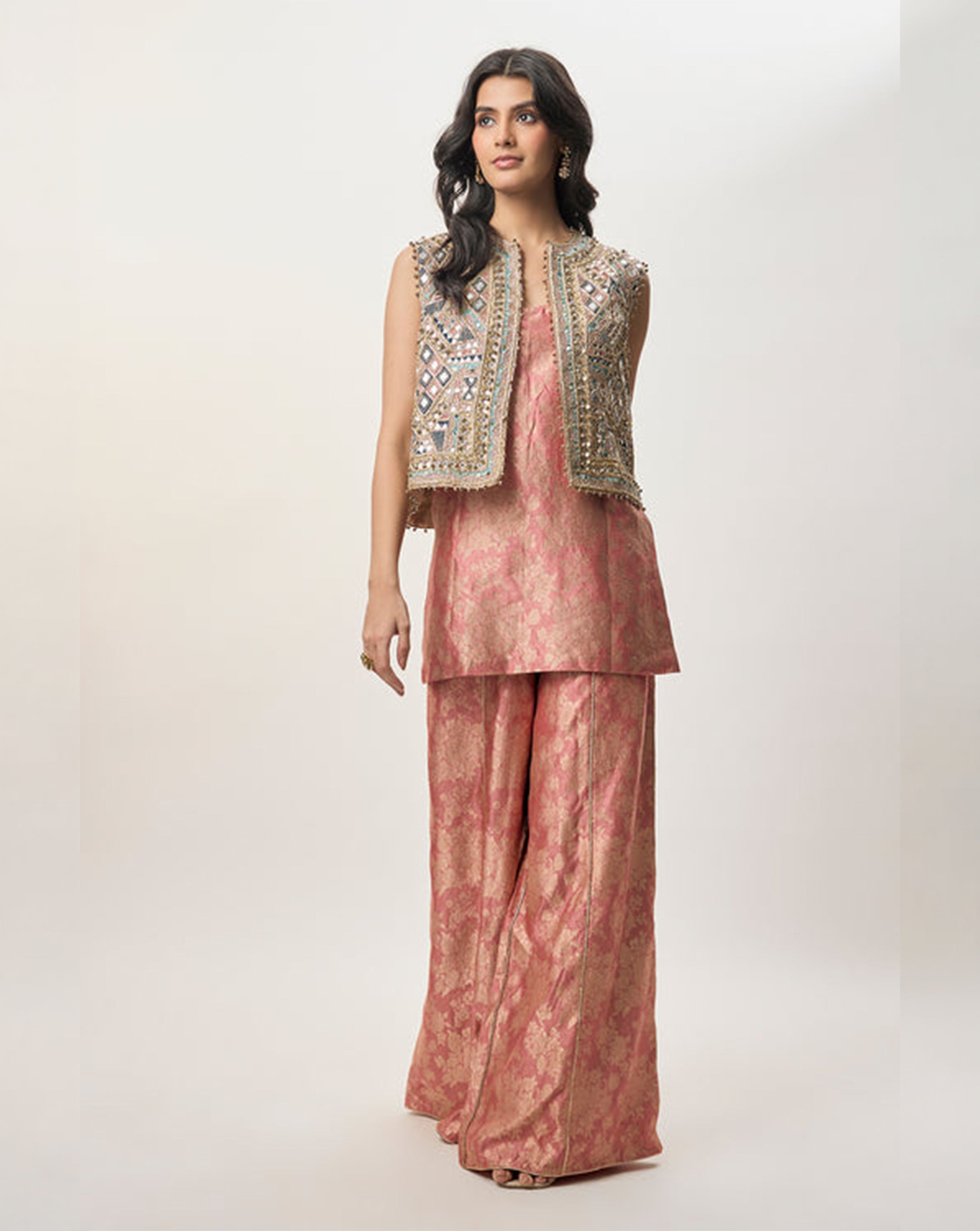 Iza Stone Georgette Embroidered Waist Coat With Rust Pink Banarasi Brocade Kurta And Pant