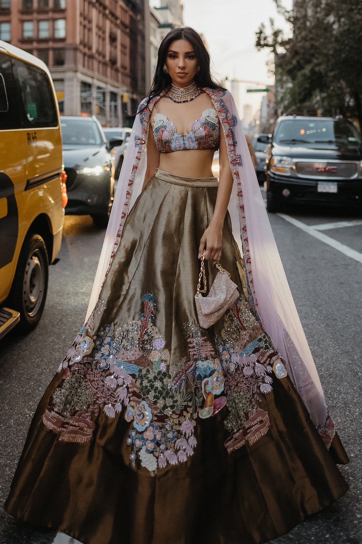 Two Tone Gold Tissue Appliquéd Lehenga