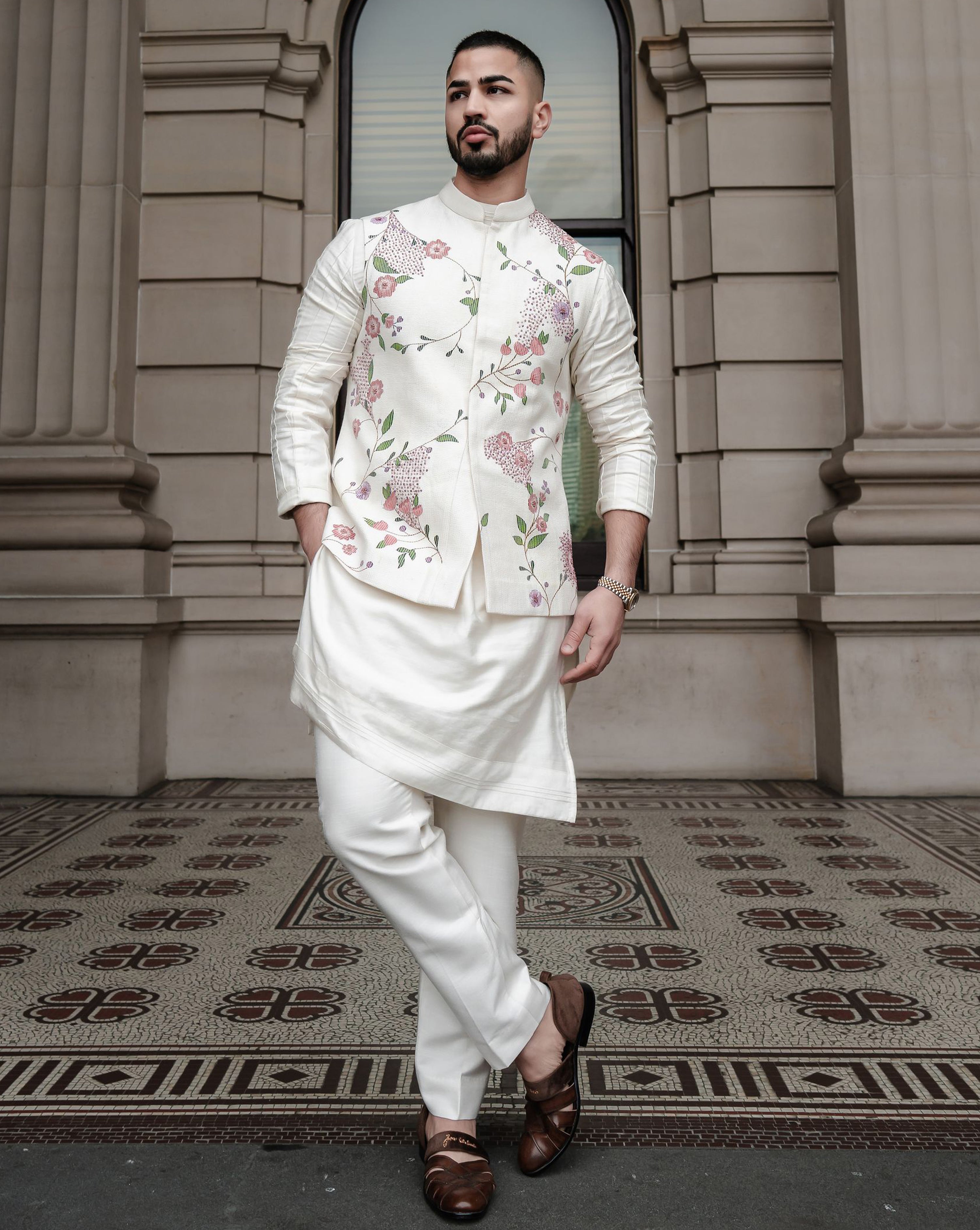 Porcelain Petals Nehru Jacket Set