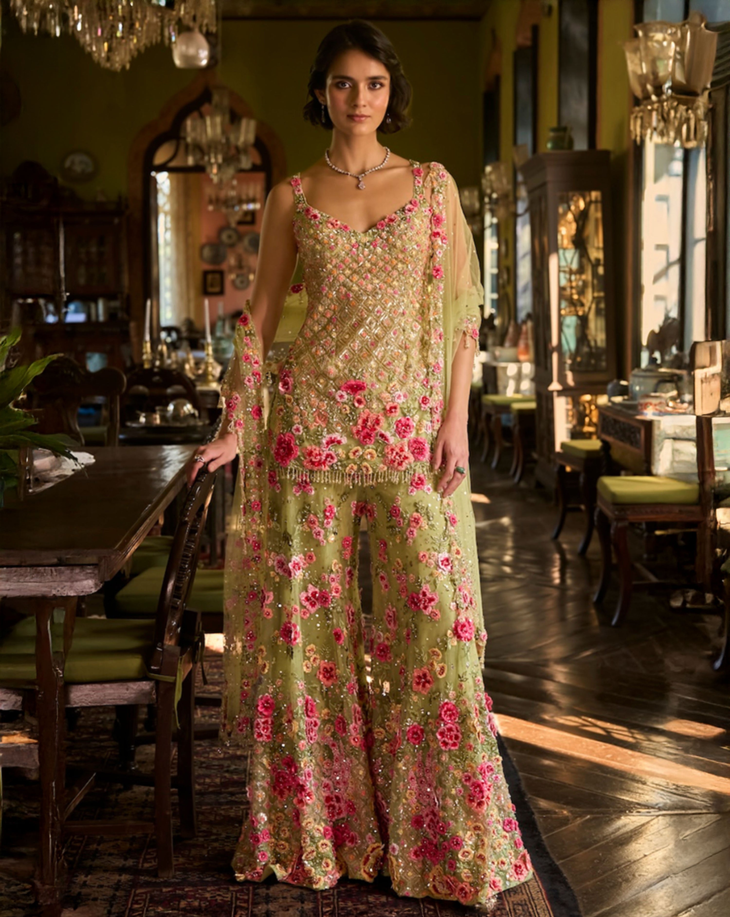 Leaf Green Three-Dimensional Sharara Set