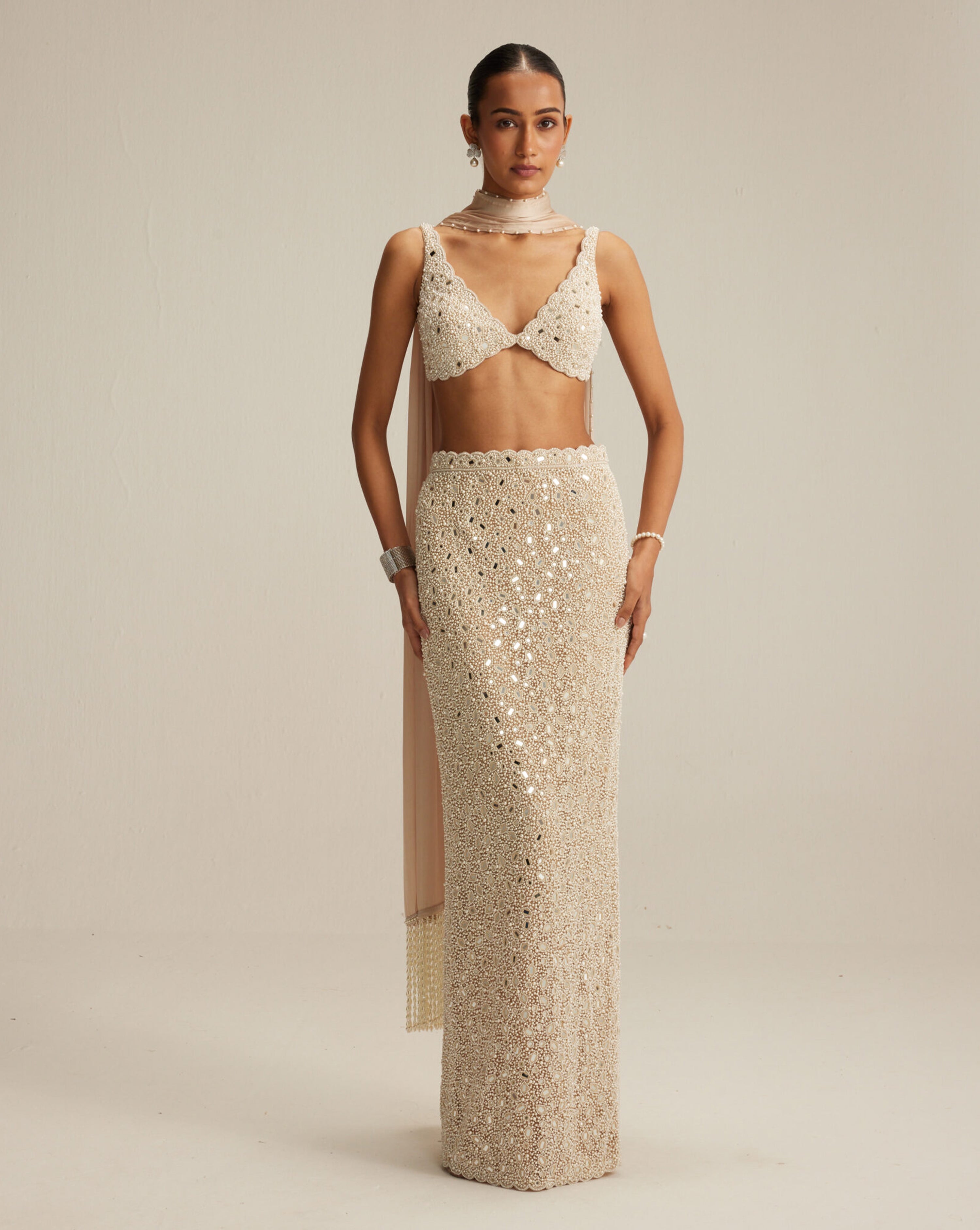 Light Beige Dense Pearl and Mirror Pencil Skirt with V Neck Blouse