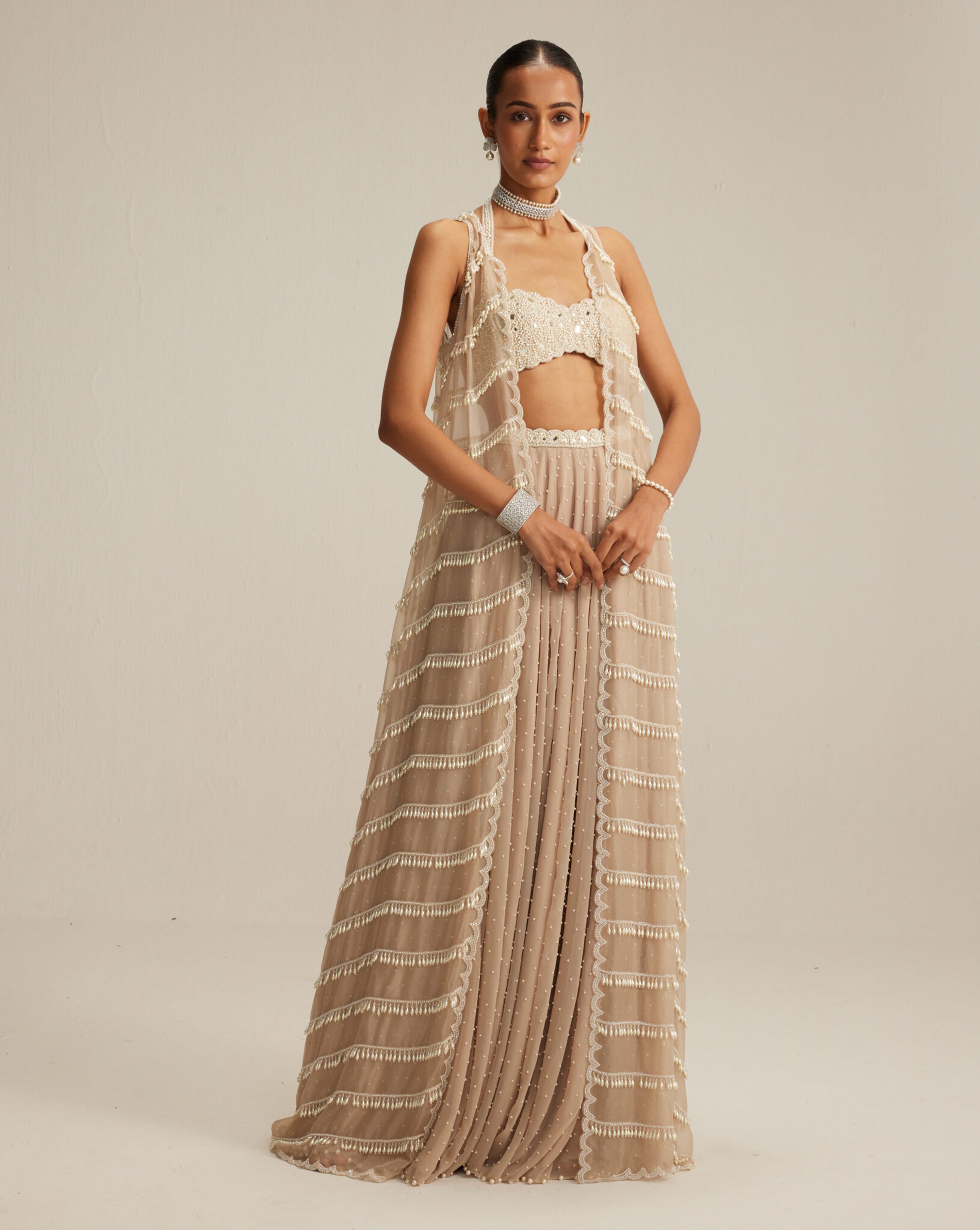 Light Beige Linear Pearl Drop Jacket Skirt Set Light Beige Linear Pearl Drop Jacket Skirt Set