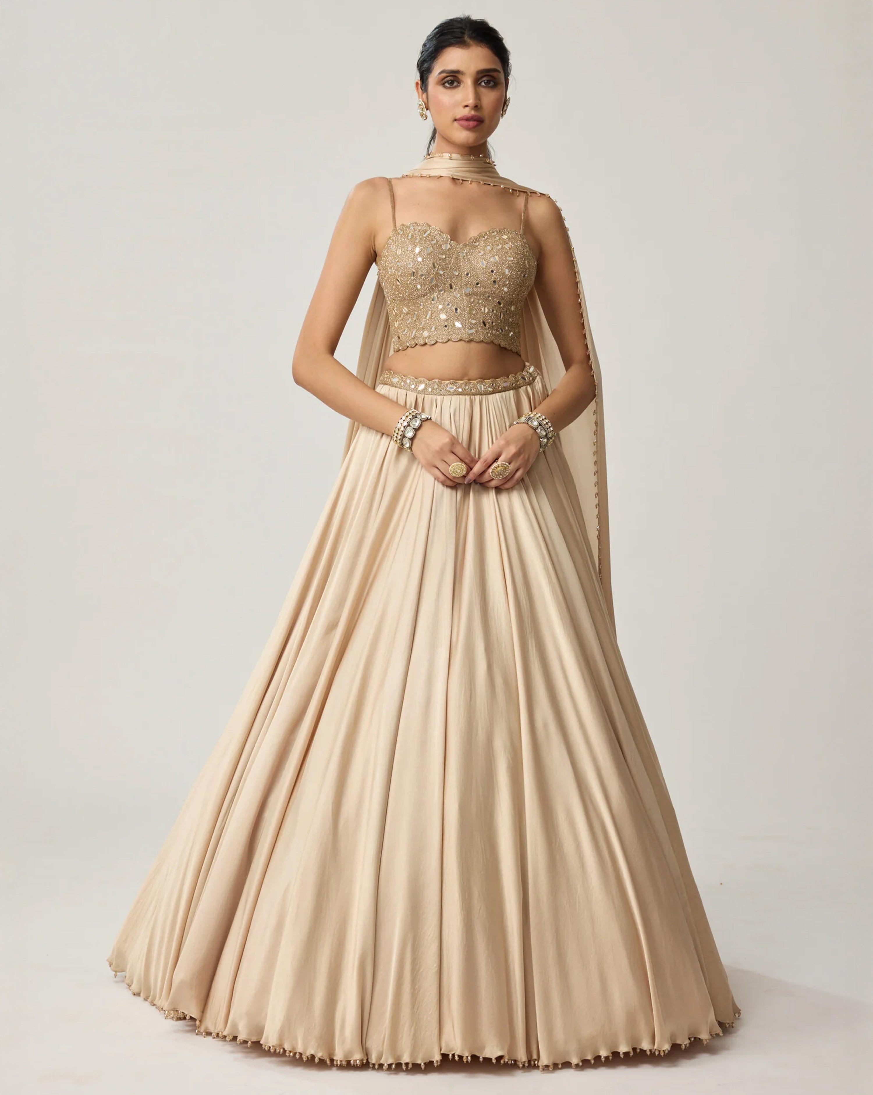 Light Beige Mirror Corset Satin Skirt Set
