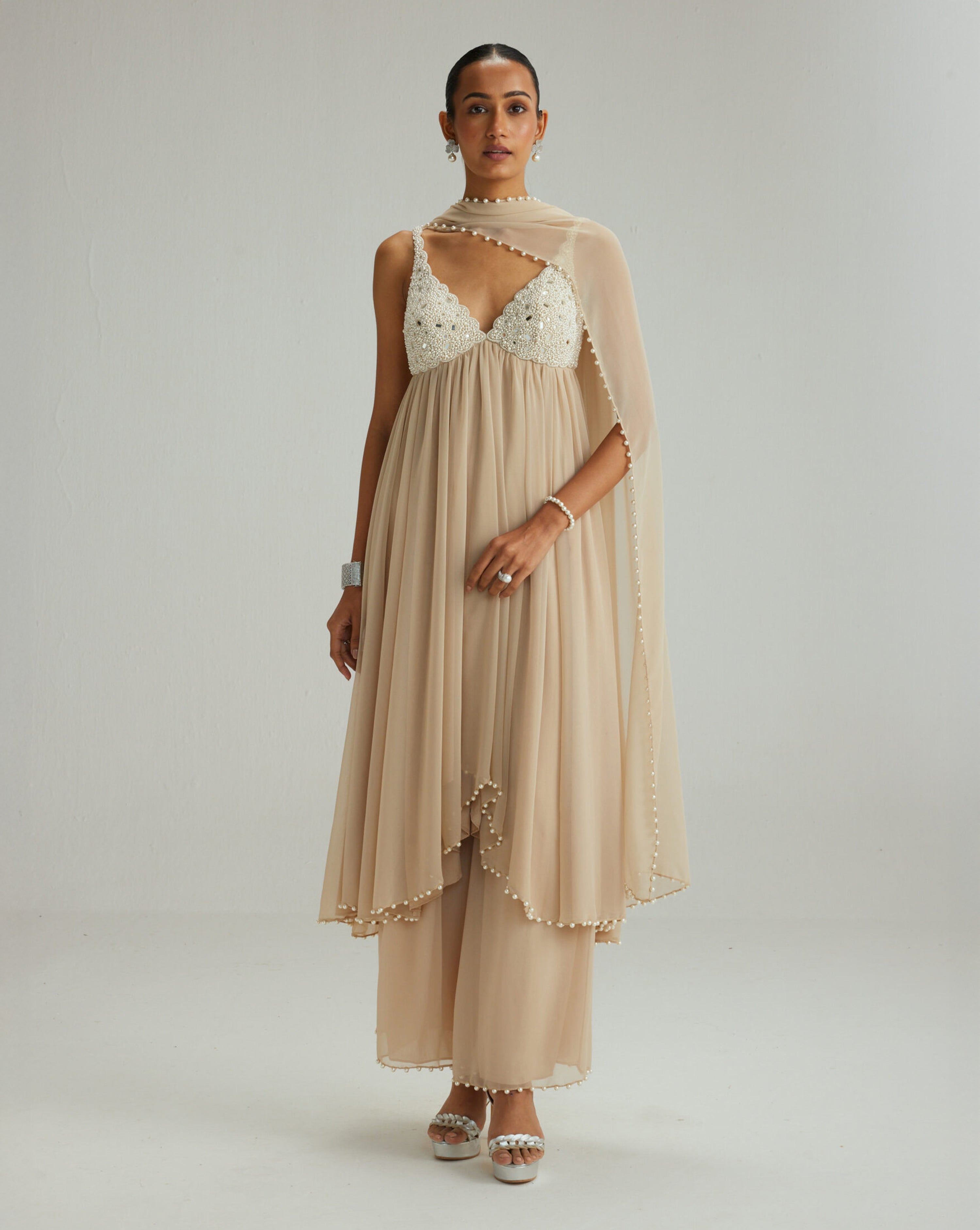 Light Beige Mirror and Pearl Asymmetrical Kurta set