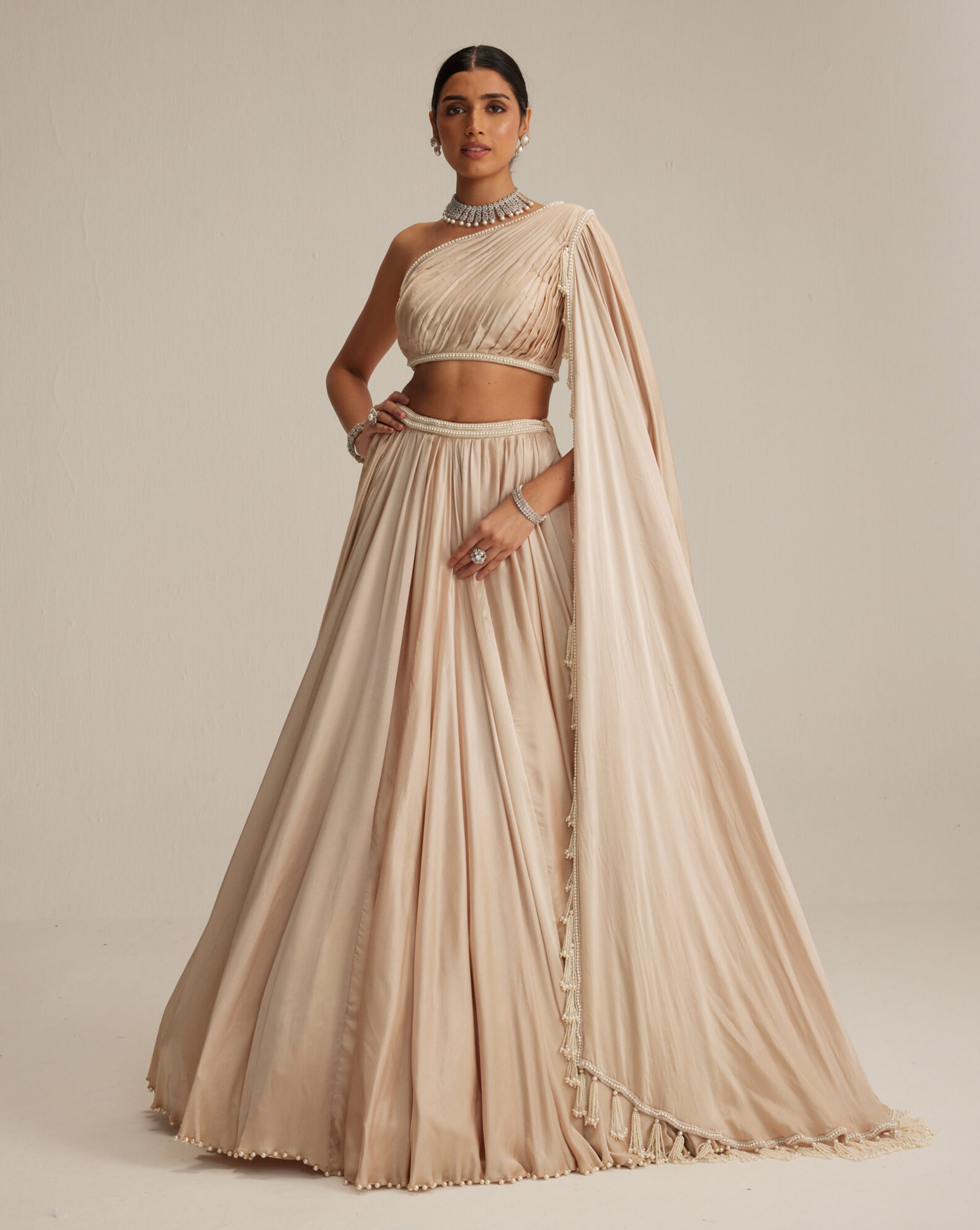 Light Beige One Shoulder Satin Lehenga Set