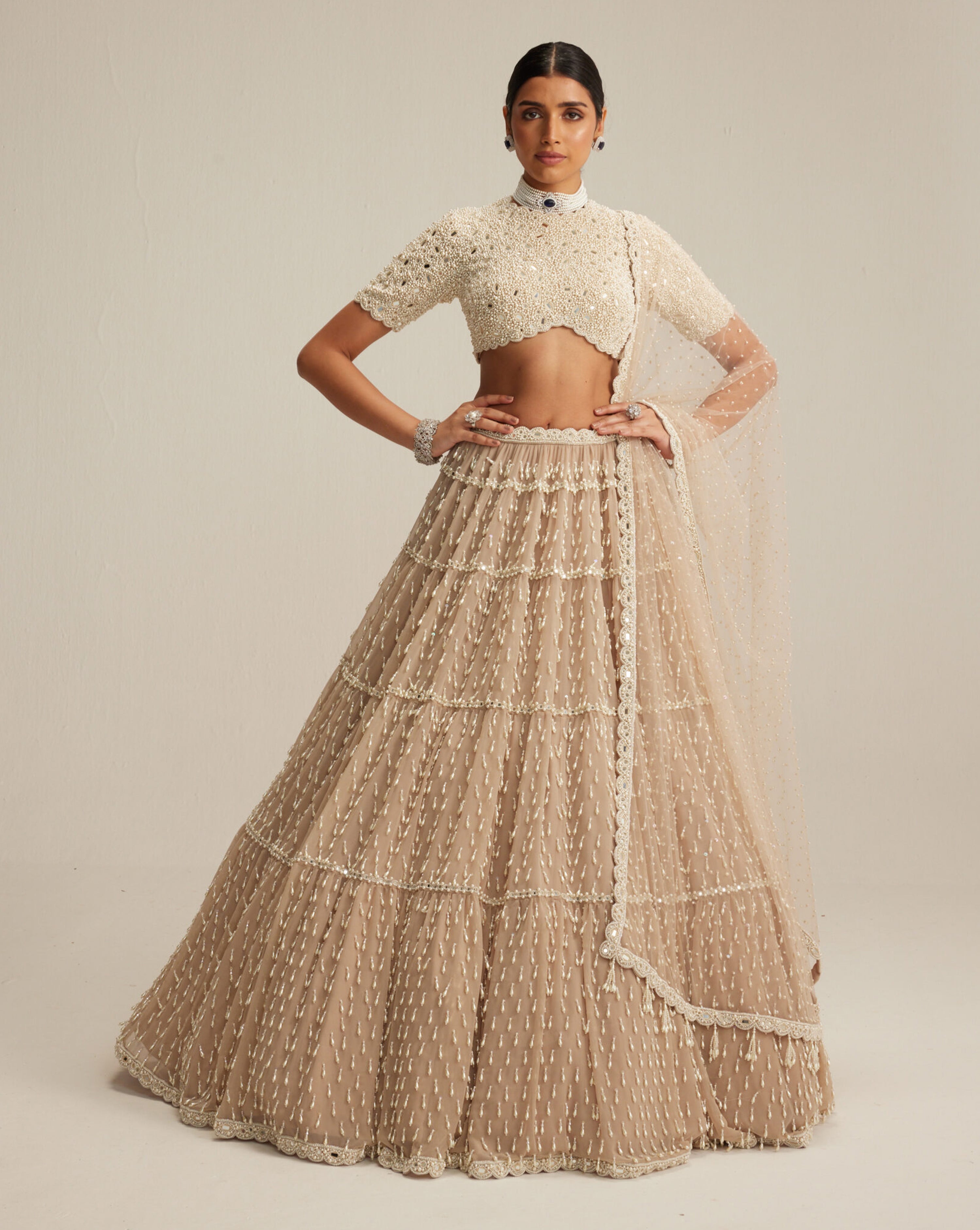 Light Beige Pearl Drop Lehenga with High Neck Blouse