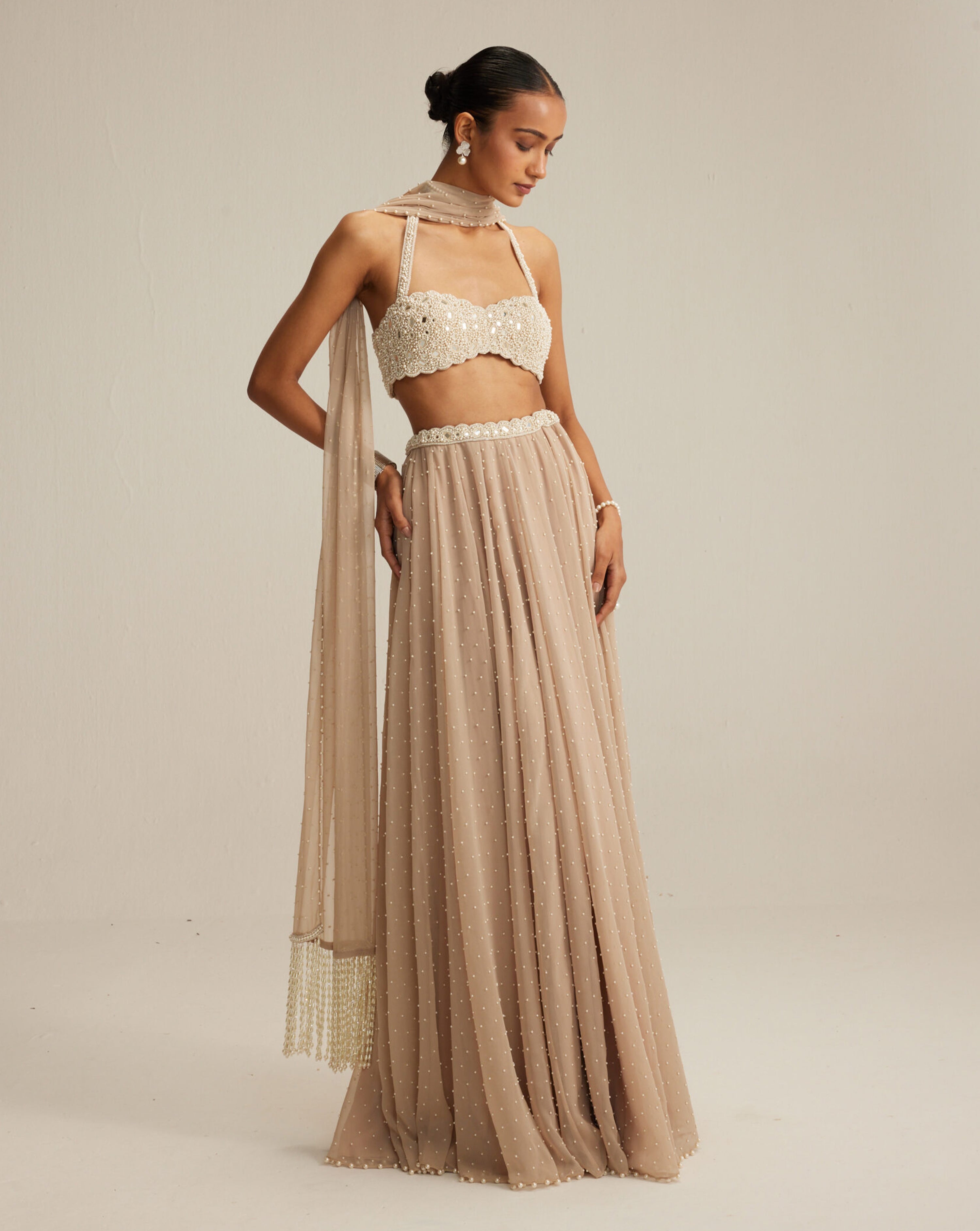 Light Beige Pearl Scattered Skirt with Halter neck Blouse