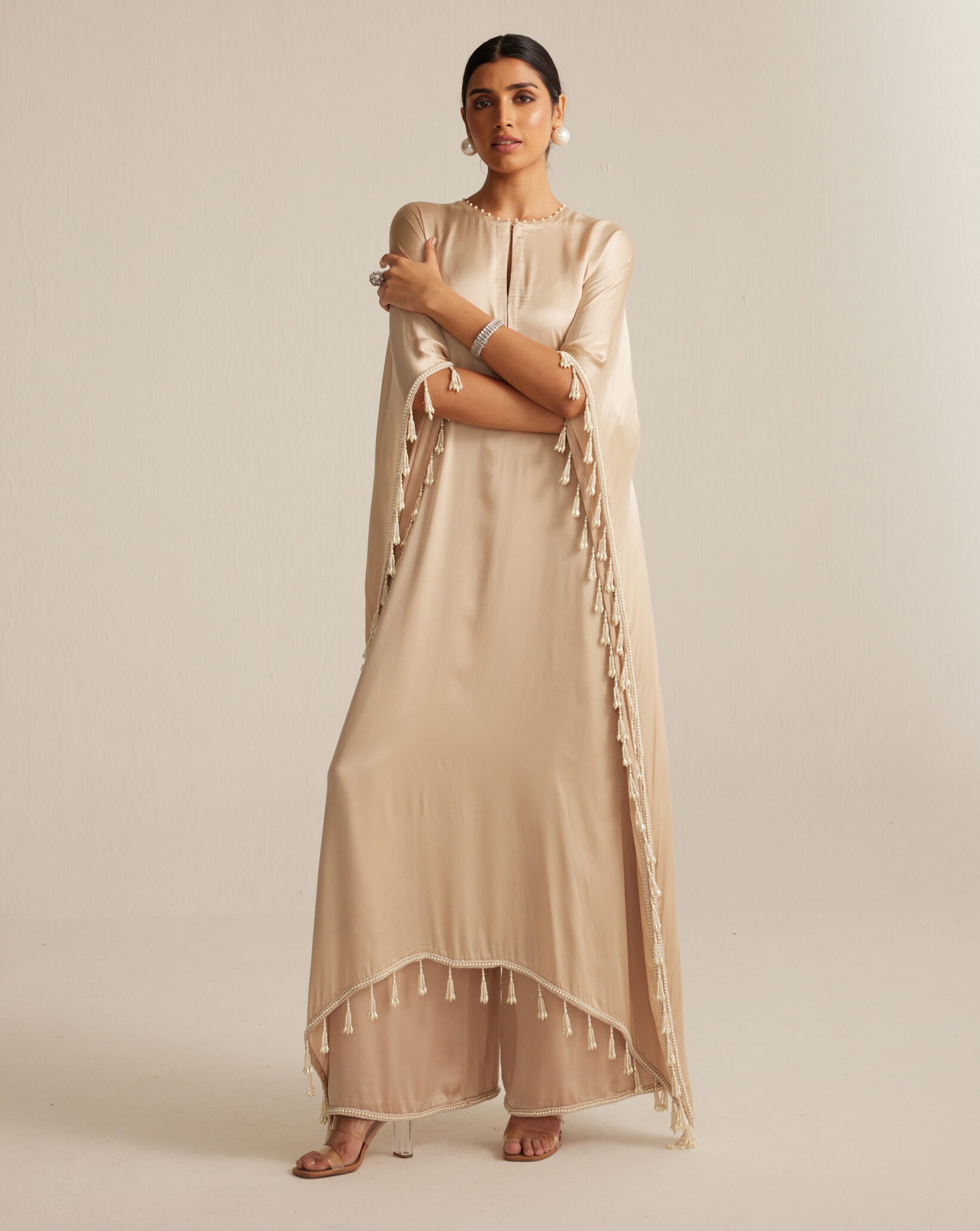 Light Beige Satin Kaftaan set