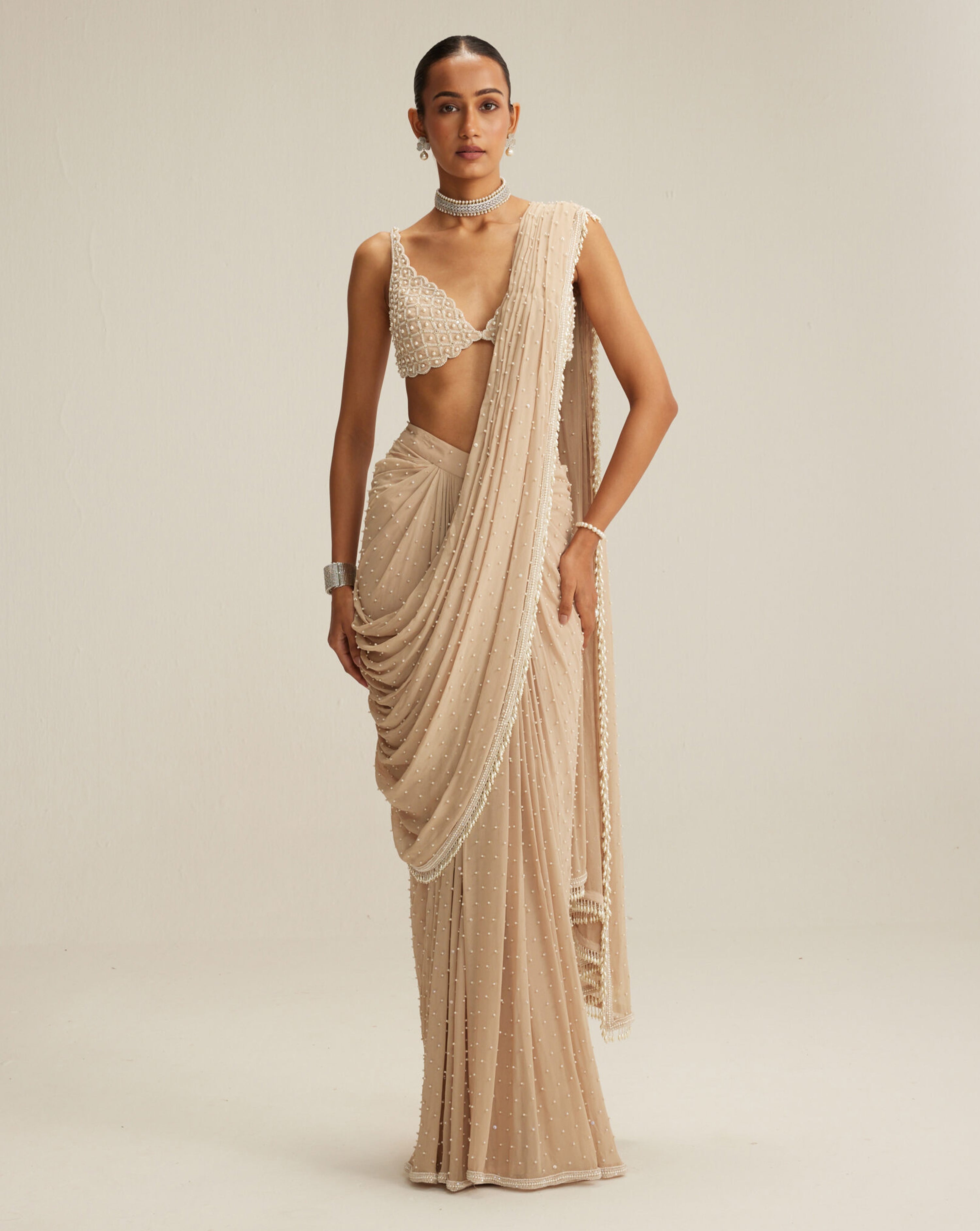 Light Beige Scattered Pearls draped saree set