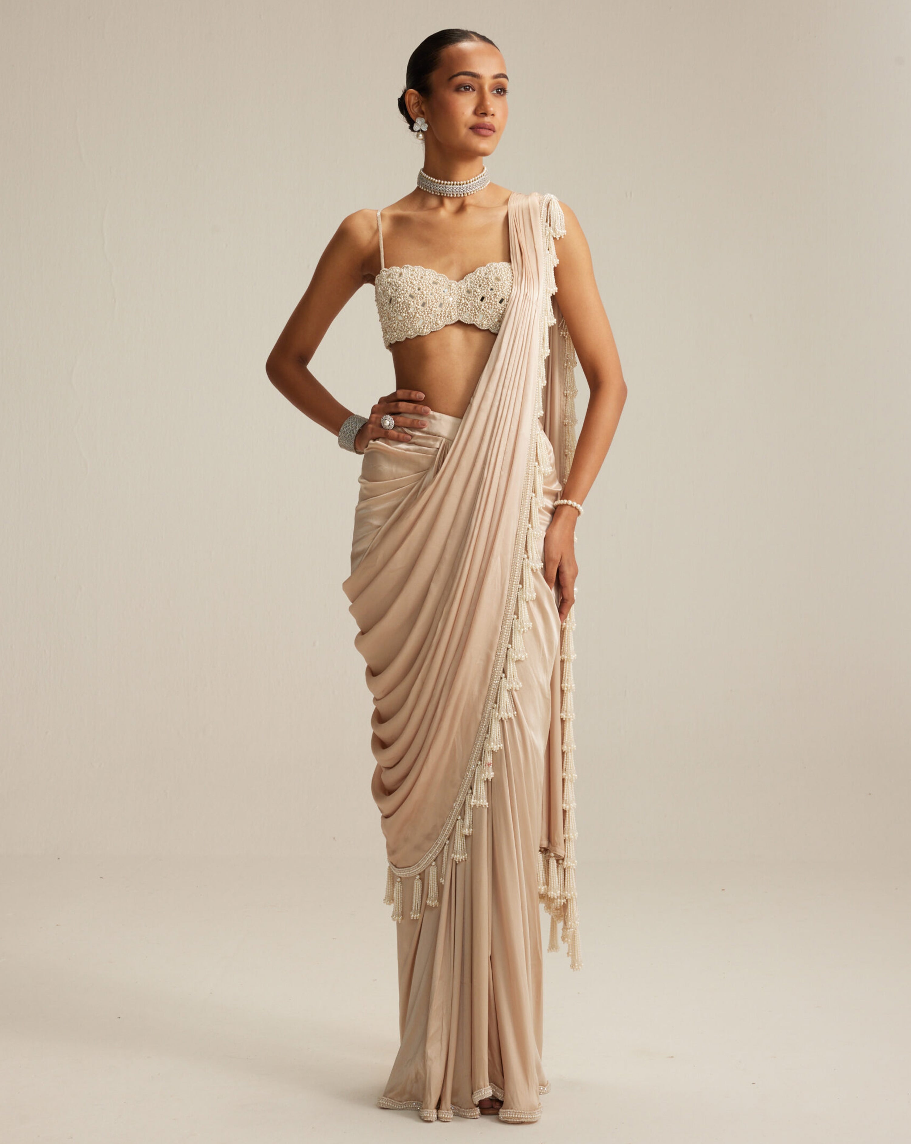 Light Beige mirror and pearl Satin Draped Saree set