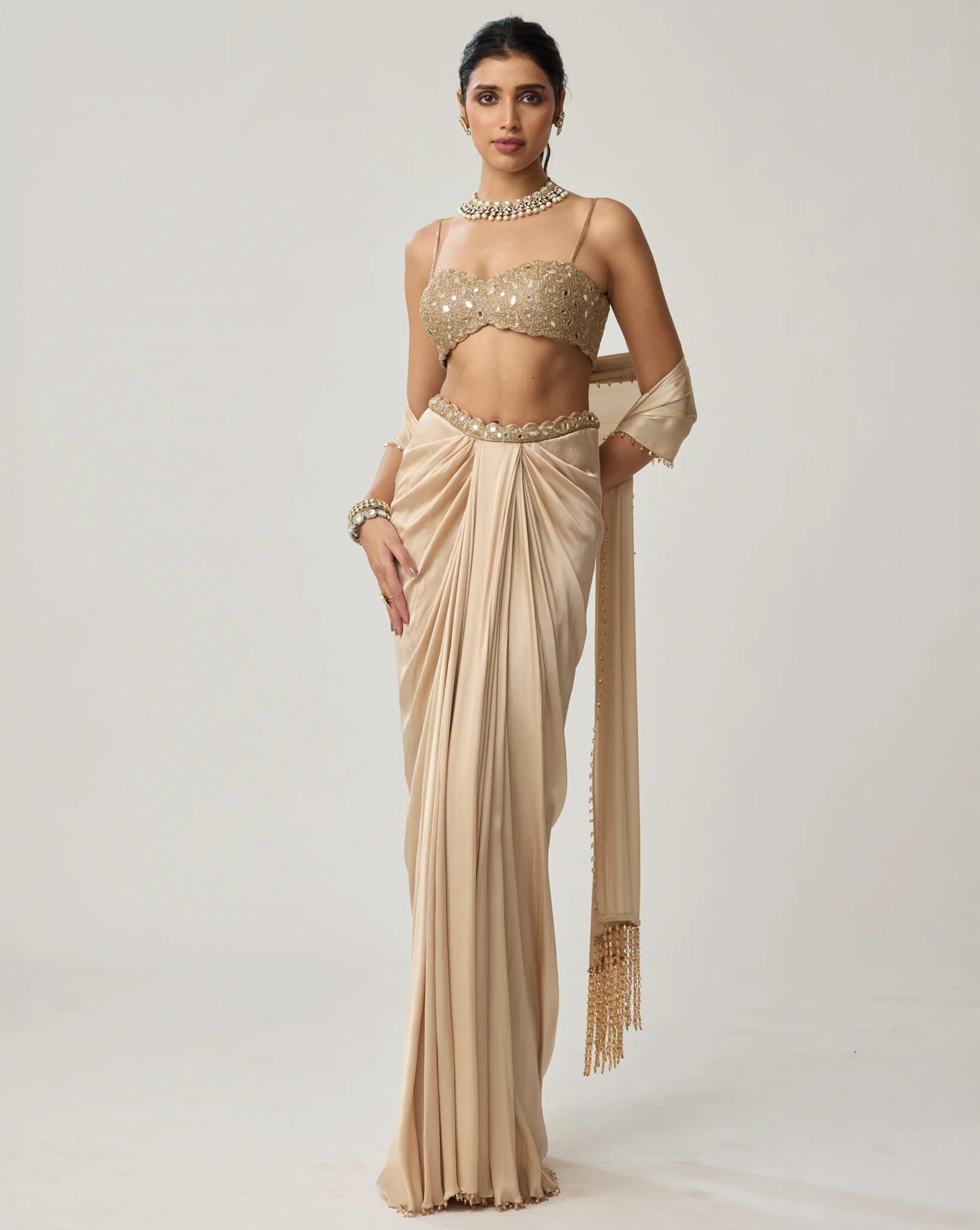 Light Beige Mirror Satin Draped Skirt Set