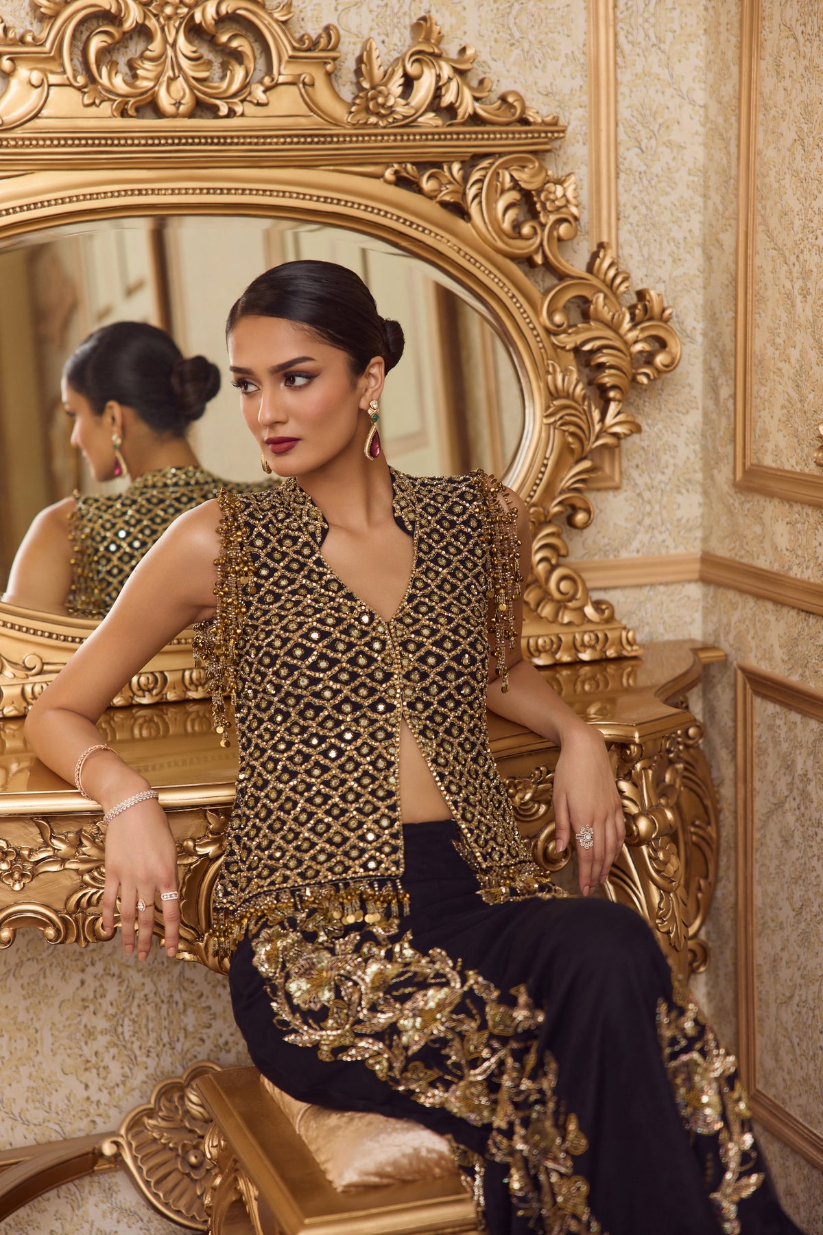 Golden Noir Skirt And Jacket Set