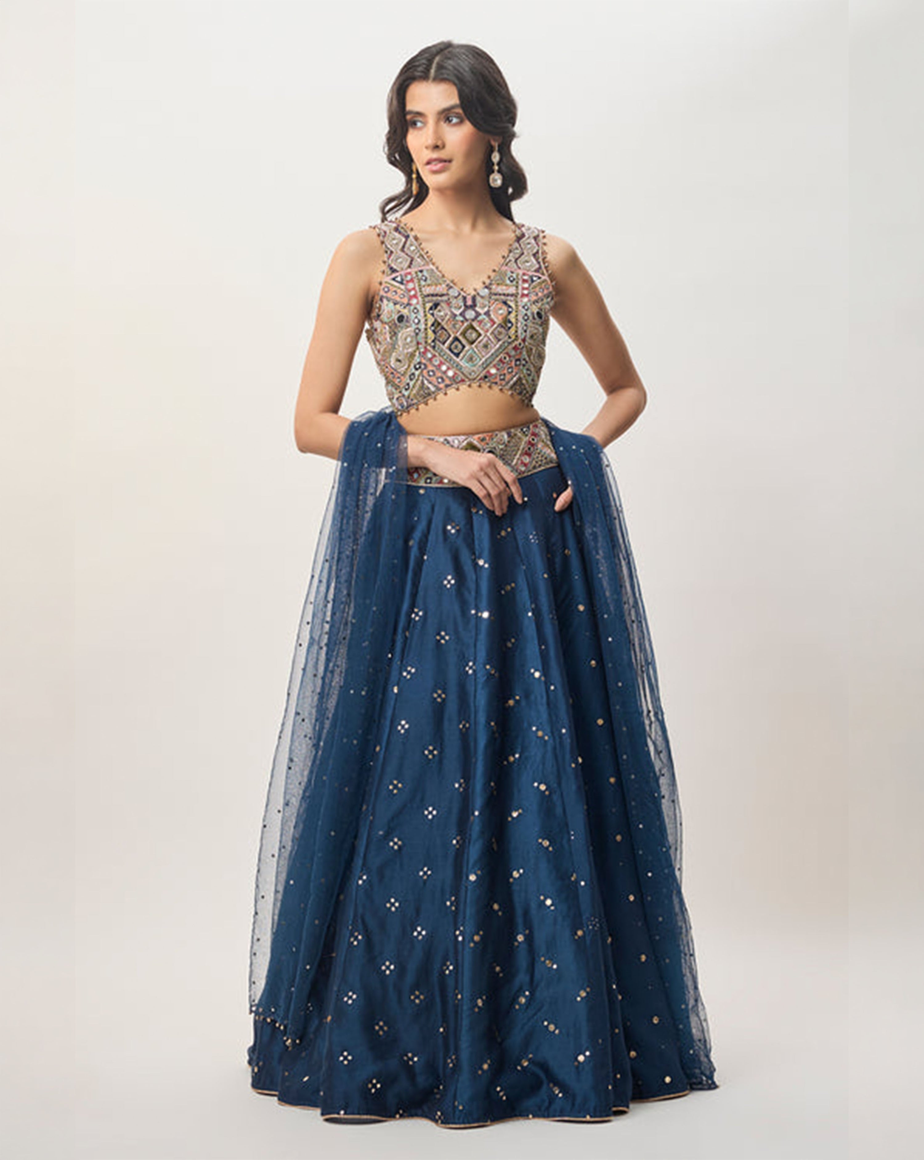 Mahnaz Navy Blue Georgette Embroidered Choli With Lehenga And Mukaish Net Dupatta