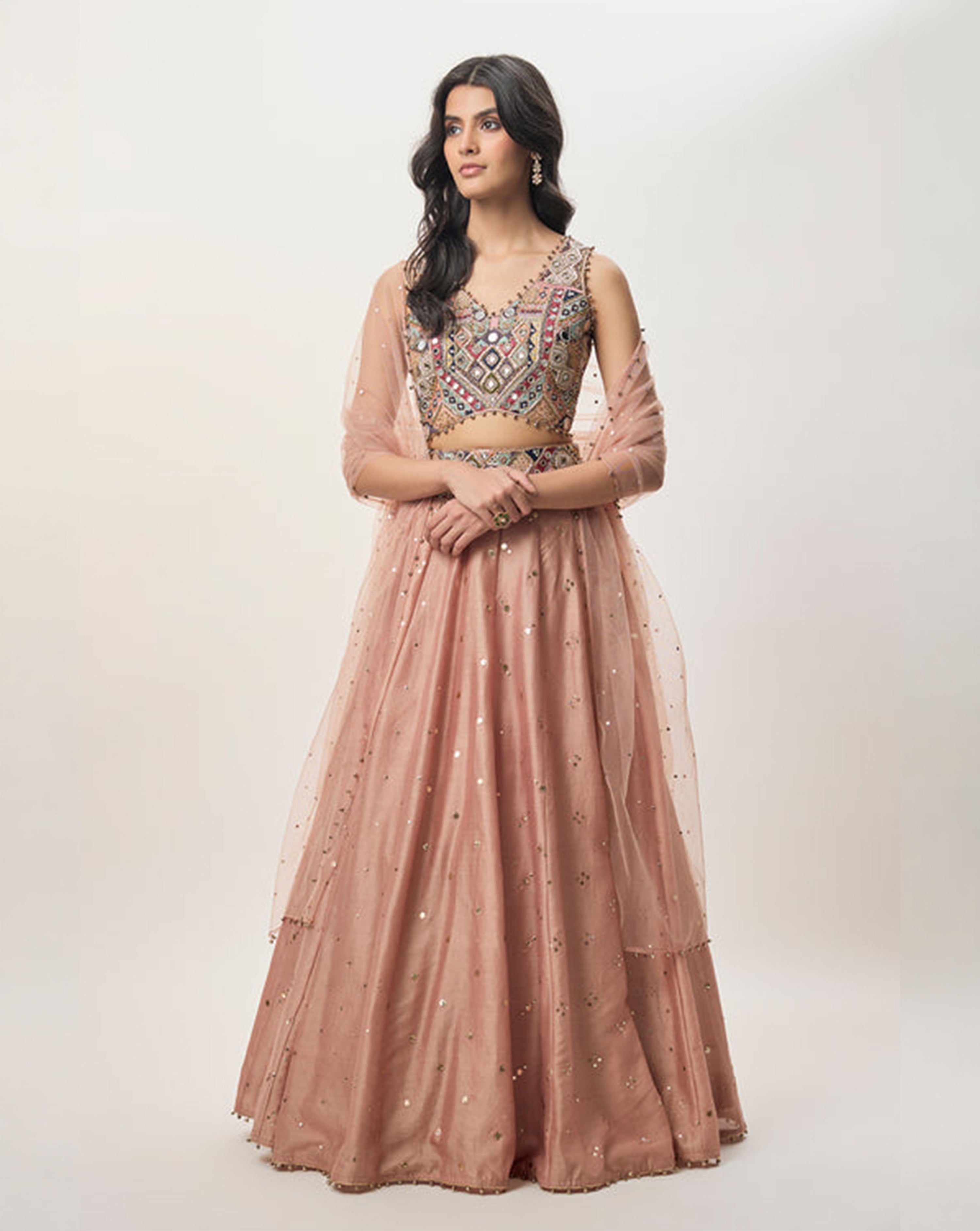 Mahnaz Peachy Pink Georgette Embroidered Choli With Lehenga And Mukaish Net Dupatta